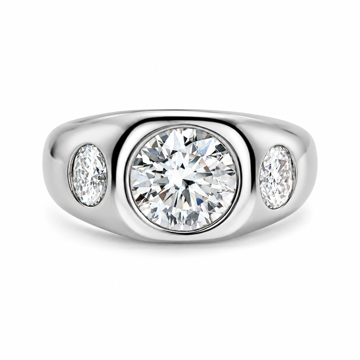 2.0 CT Round Brilliant Cut Three Stone Moissanite Signet Unisex Ring | 925 Silver