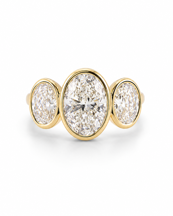 three stone ring, oval moissanite ring, bezel set ring, gold statement ring, anniversary ring, 3 stone anniversary ring, gold designer ring, white gold designer ring