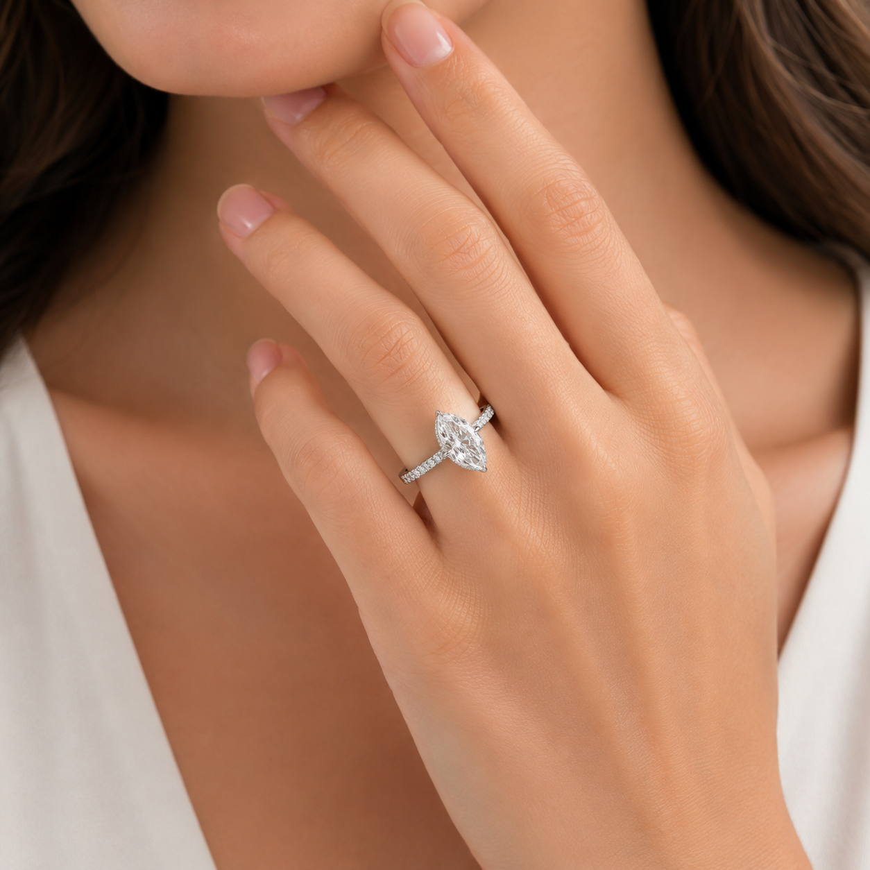 3.5 CTW Marquise Cut Moissanite Hidden Halo Bridal Ring Set with Pavé Band | 925 Silver