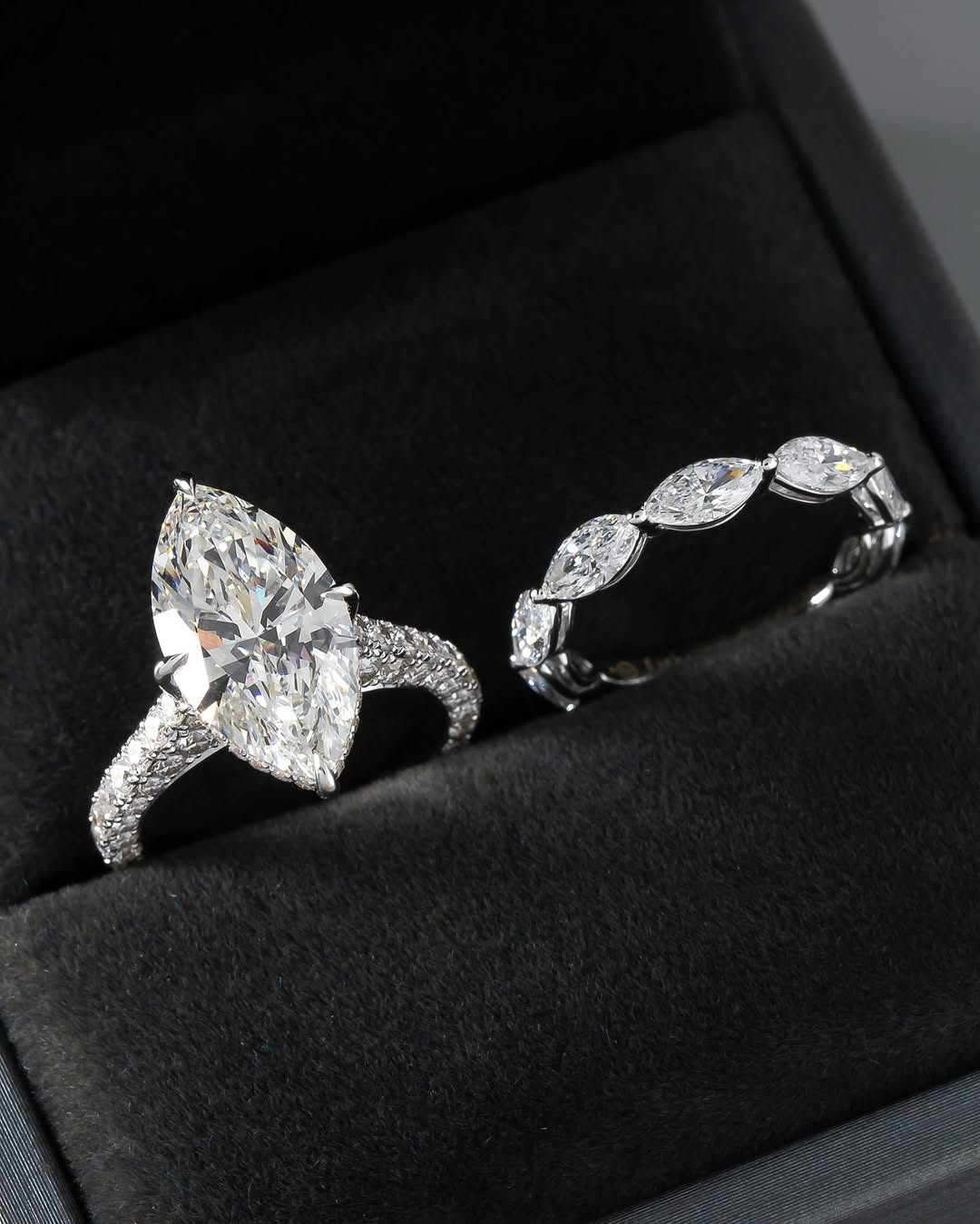 bridal ring set, marquise cut ring, wedding ring set, engagement and wedding ring set, solitaire rings, gold rings, marquise cut engagement ring, gold rings for women, 14k gold rings, white gold rings, lab grown diamond rings, diamond rings for women, diamond rings, valentines gift for her, birthday gift for her, moissanite rings