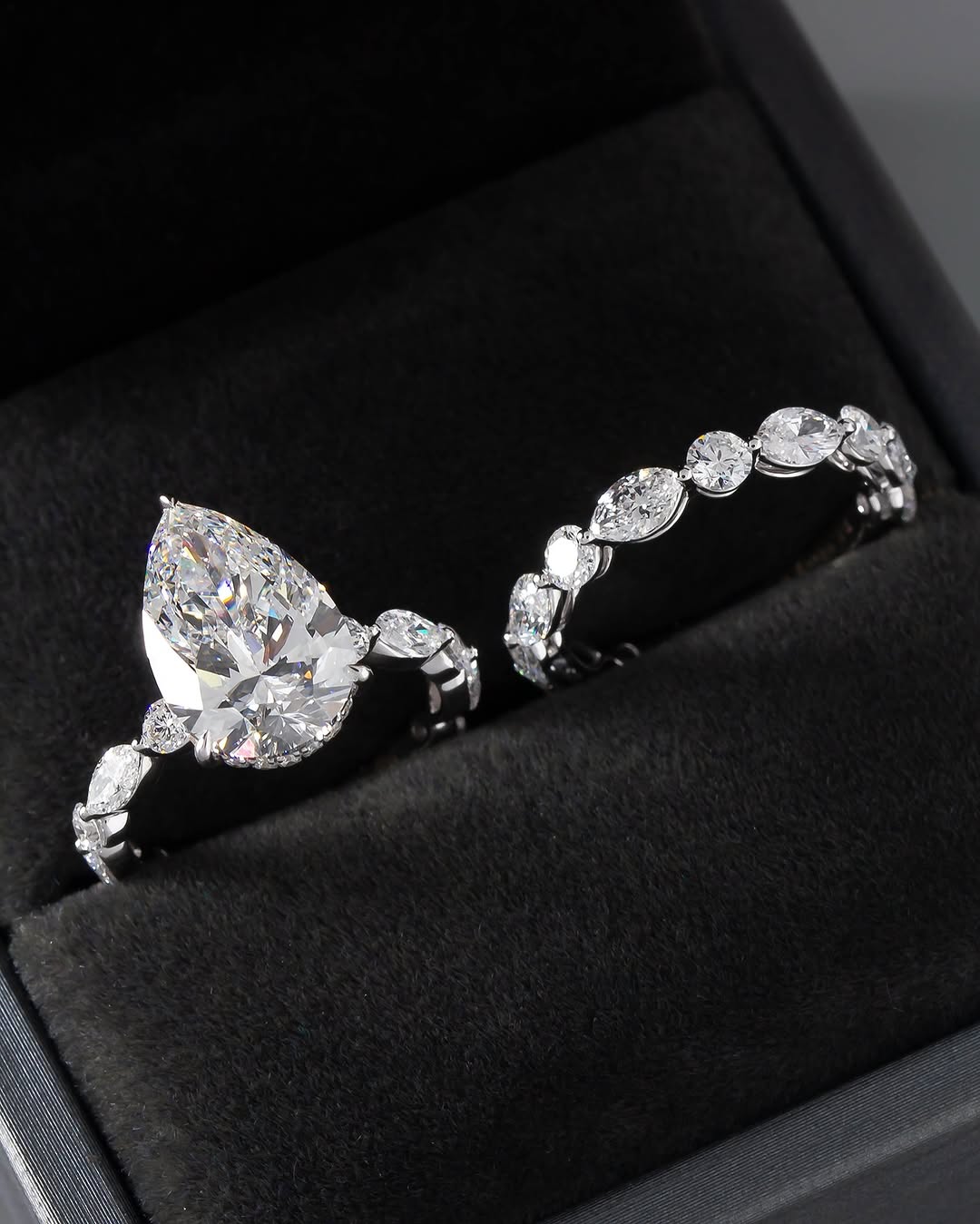 bridal ring set, pear cut ring, wedding ring set, engagement and wedding ring set, solitaire rings, gold rings, pear cut engagement ring, gold rings for women, 14k gold rings, white gold rings, lab grown diamond rings, diamond rings for women, diamond rings, valentines gift for her, birthday gift for her, moissanite rings