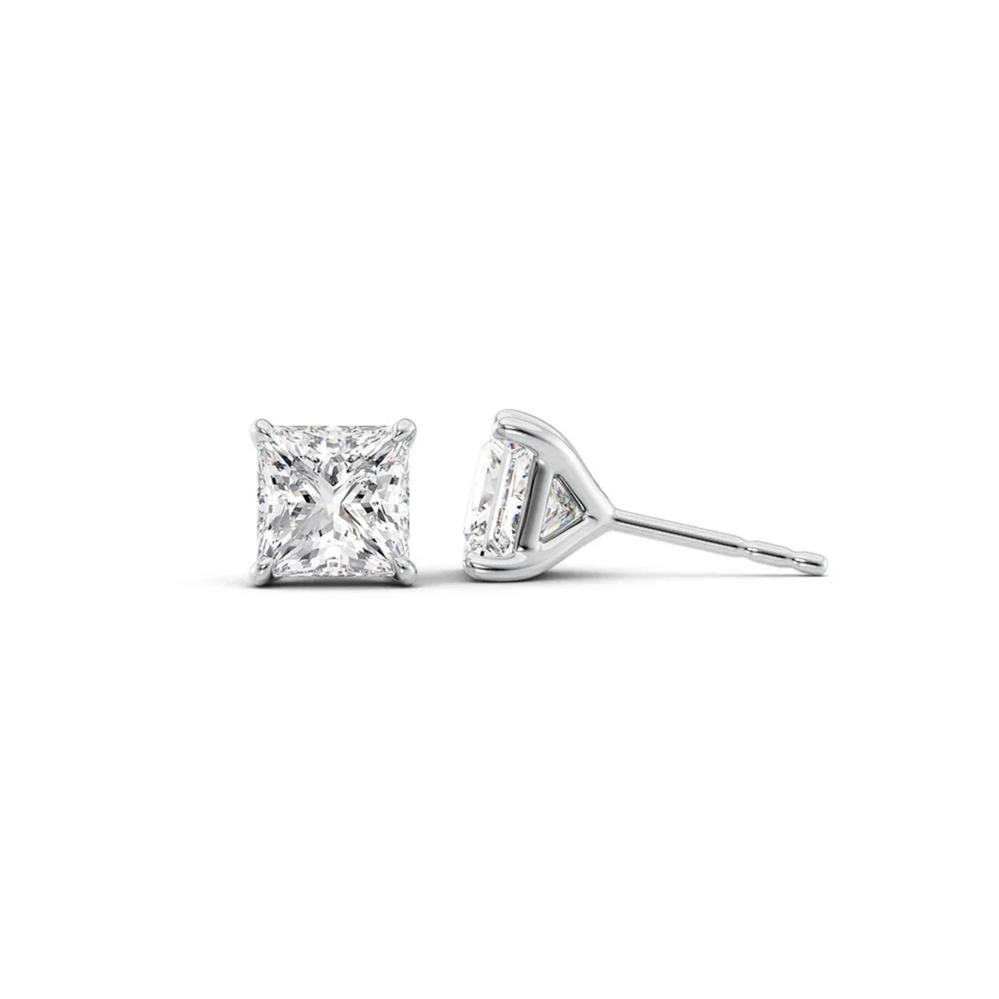 1.5 CT Princess Cut Moissanite 14K White Gold Plated Solitaire Stud Earrings