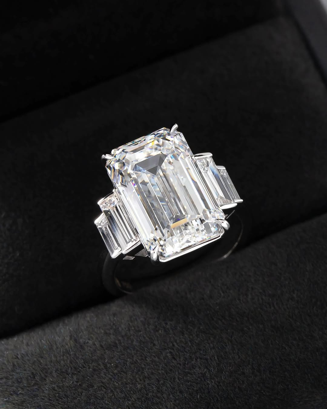 three stone ring, emerald cut ring, solitaire rings, gold rings, emerald cut engagement ring, gold rings for women, 14k gold rings, white gold rings, lab grown diamond rings, diamond rings for women, diamond rings, valentines gift for her, birthday gift for her, moissanite rings