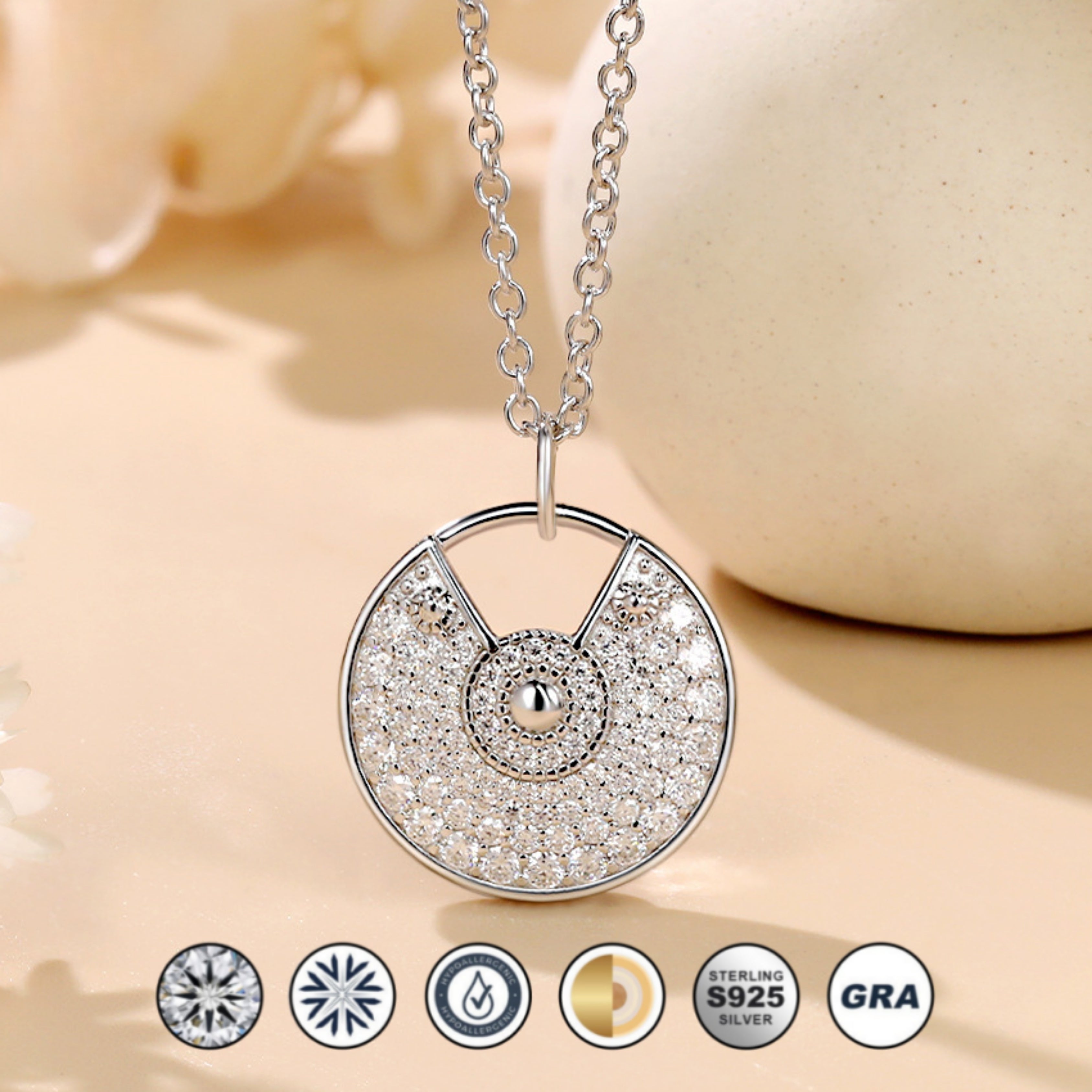 Pavé Circle Disc Round Brilliant Cut Moissanite Pendant Necklace For Women | 925 Silver