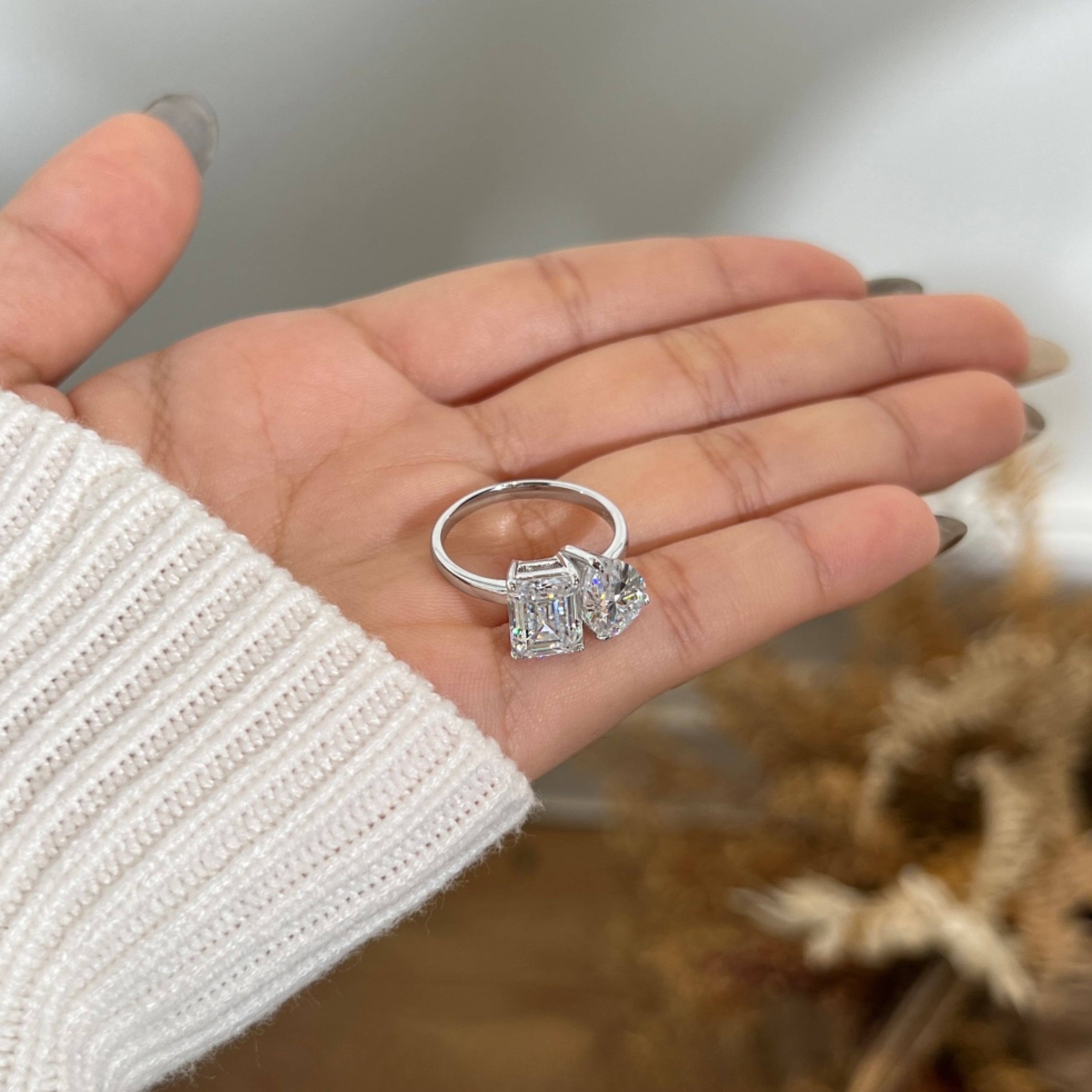 toi et moi ring, two stone ring, engagement rings, engagement rings for women, moissanite engagement rings, gold rings for women, 14k gold rings, white gold rings, lab grown diamond rings, diamond rings for women, diamond rings, valentines gift for her, birthday gift for her, moissanite rings, 925 silver rings, emerald diamond ring, pear diamond ring