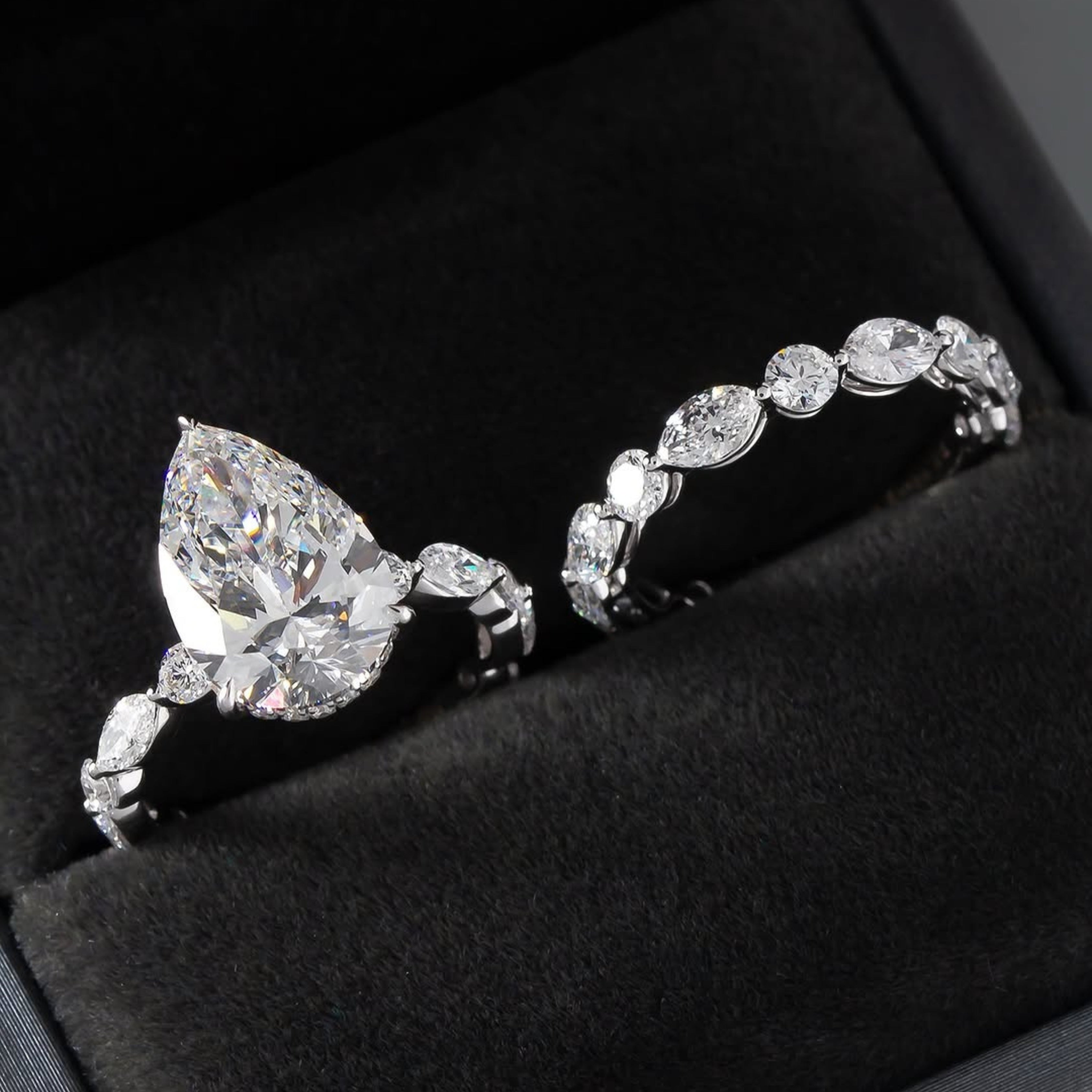 bridal ring set, pear cut ring, wedding ring set, engagement and wedding ring set, solitaire rings, gold rings, pear cut engagement ring, gold rings for women, 14k gold rings, white gold rings, lab grown diamond rings, diamond rings for women, diamond rings, valentines gift for her, birthday gift for her, moissanite rings