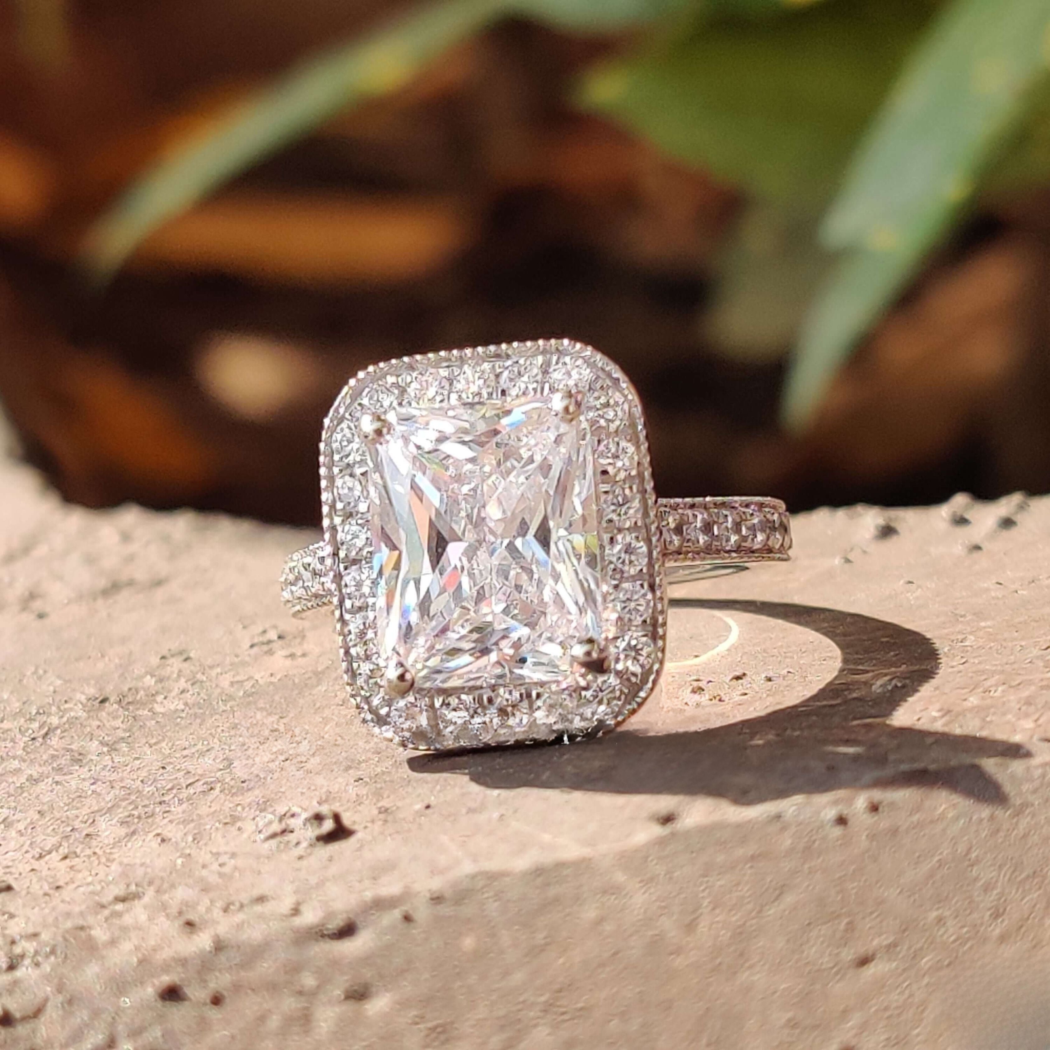 radiant cut moissanite ring, hidden halo engagement ring, halo engagement ring, double halo engagement ring, diamond halo engagement ring, moissanite halo ring, silver engagement ring, white gold ring, 14k white gold ring, 18k white gold ring, statement ring,