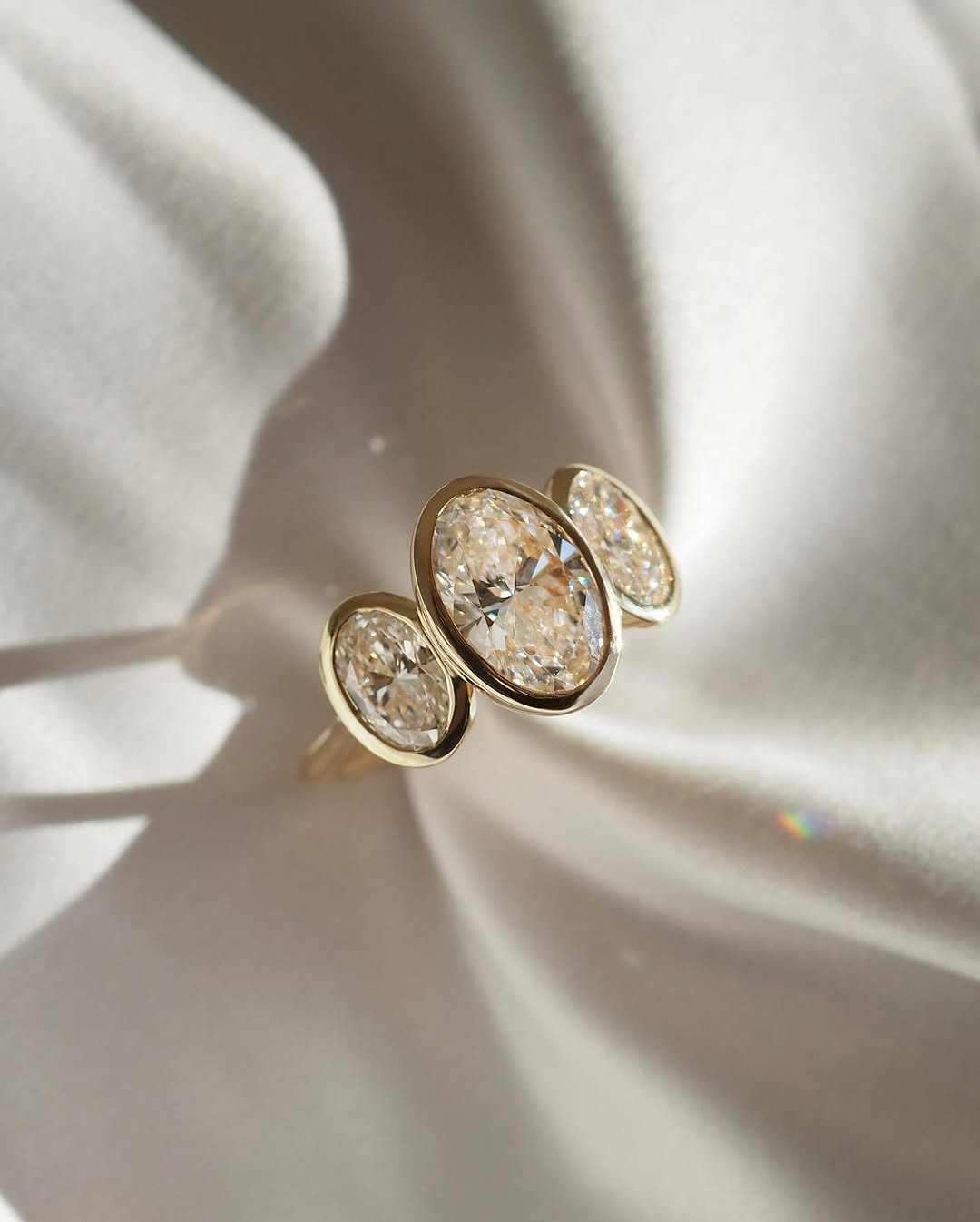 three stone ring, oval moissanite ring, bezel set ring, gold statement ring, anniversary ring, 3 stone anniversary ring, gold designer ring, white gold designer ring