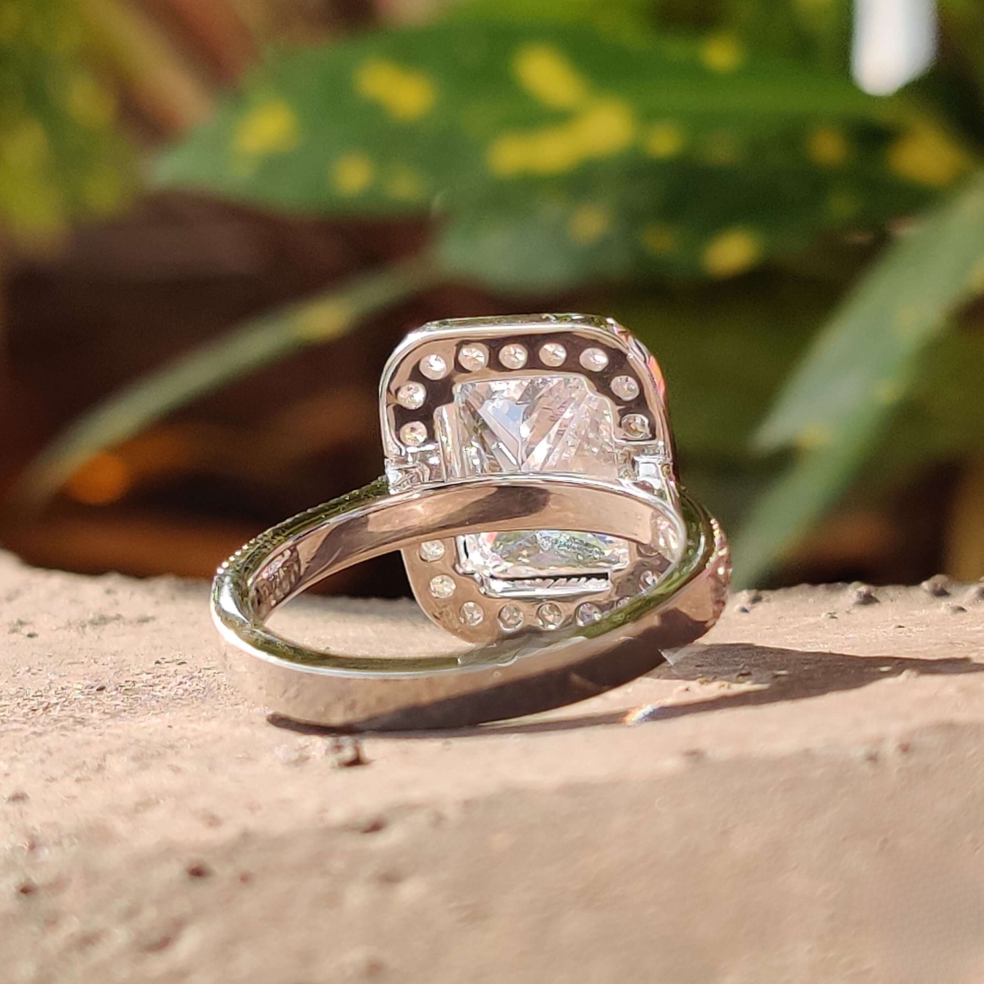 radiant cut moissanite ring, hidden halo engagement ring, halo engagement ring, double halo engagement ring, diamond halo engagement ring, moissanite halo ring, silver engagement ring, white gold ring, 14k white gold ring, 18k white gold ring, statement ring,