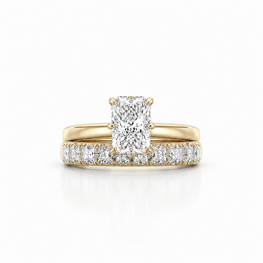 radiant cut moissanite ring gold, engagement ring with accent stones, gold plated engagement ring India, lab grown diamond alternative, luxury bridal rings for women, moissanite engagement ring USA, diamond band ring, statement engagement ring