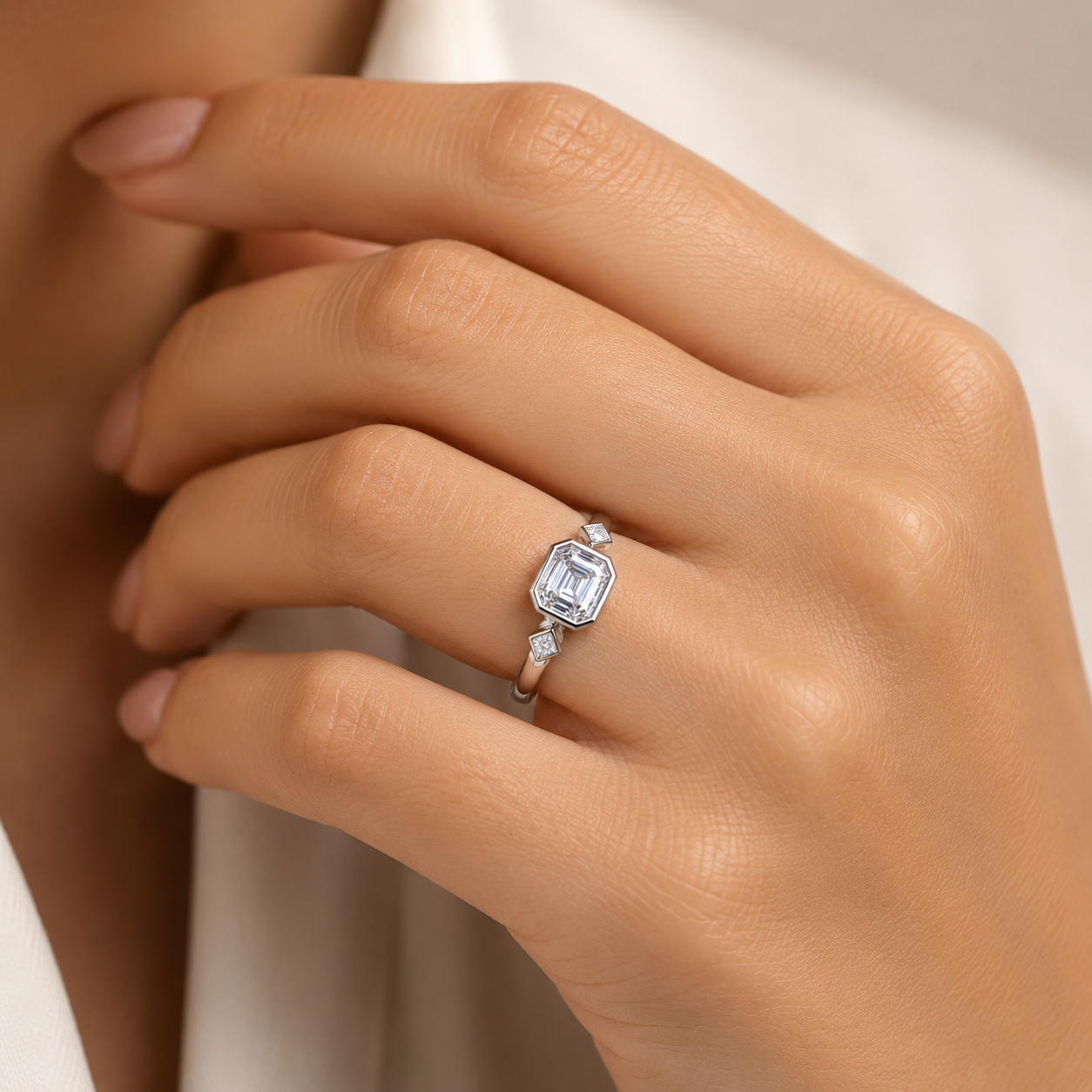 D-VVS 1.0 CT Bezel Set Emerald Cut Three Stone Engagement Ring with Radiant Cut Side Accent | 925 Silver