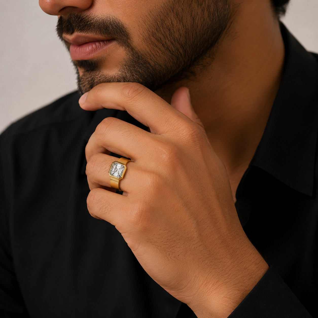 Unique 1.0 CT Emerald Cut Bezel Set Moissanite Yellow Gold plated Unisex Band Ring