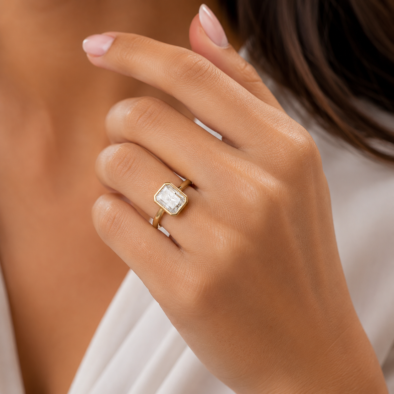 2.5 CT Radiant Cut Moissanite Bezel Set Yellow Gold Plated Hidden Halo Solitaire Engagement Ring