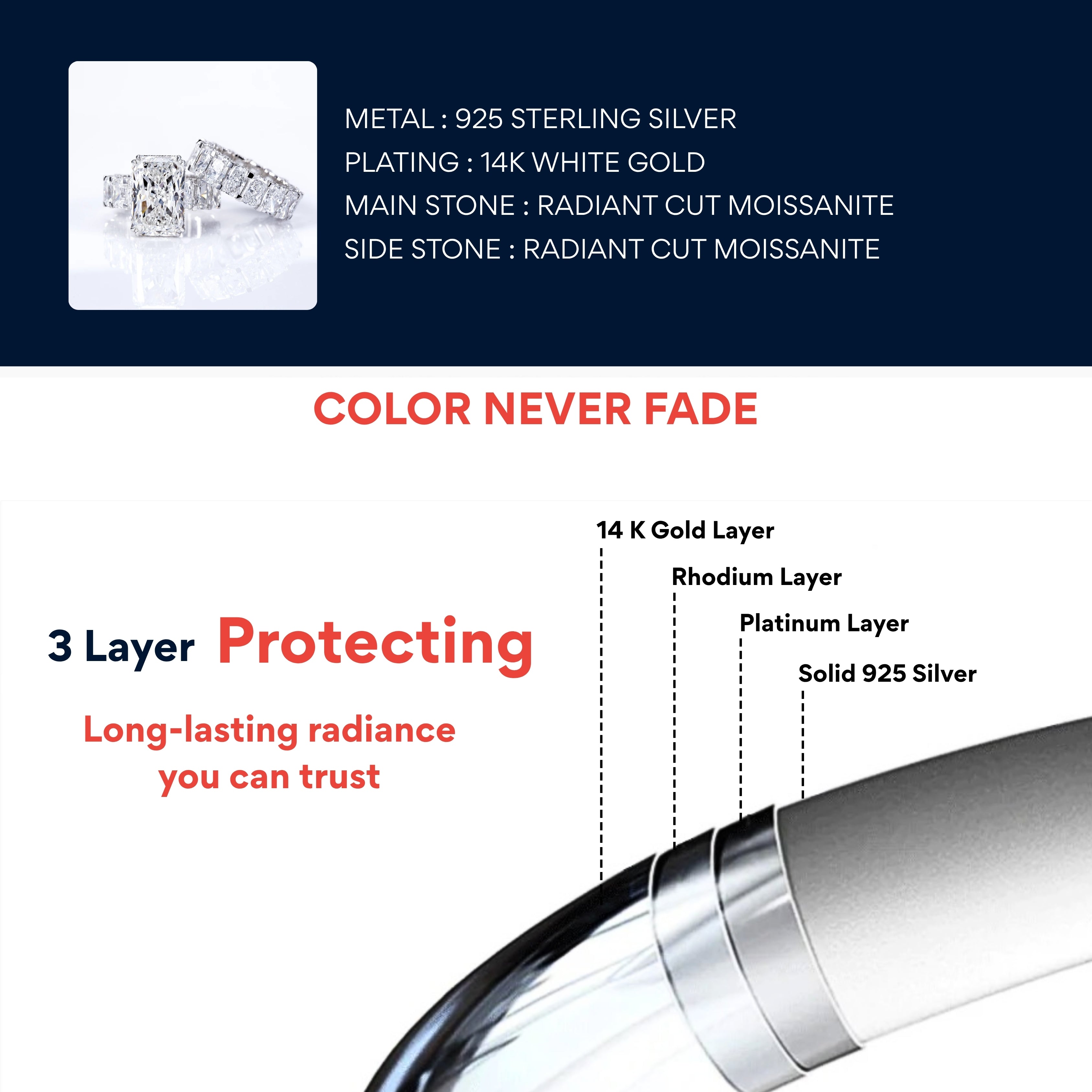 radiant moissanite ring set, engagement ring with wedding band, bridal ring set white gold, eternity band ring set, lab grown diamond alternative, luxury bridal set for women, moissanite jewelry USA, wedding ring combo