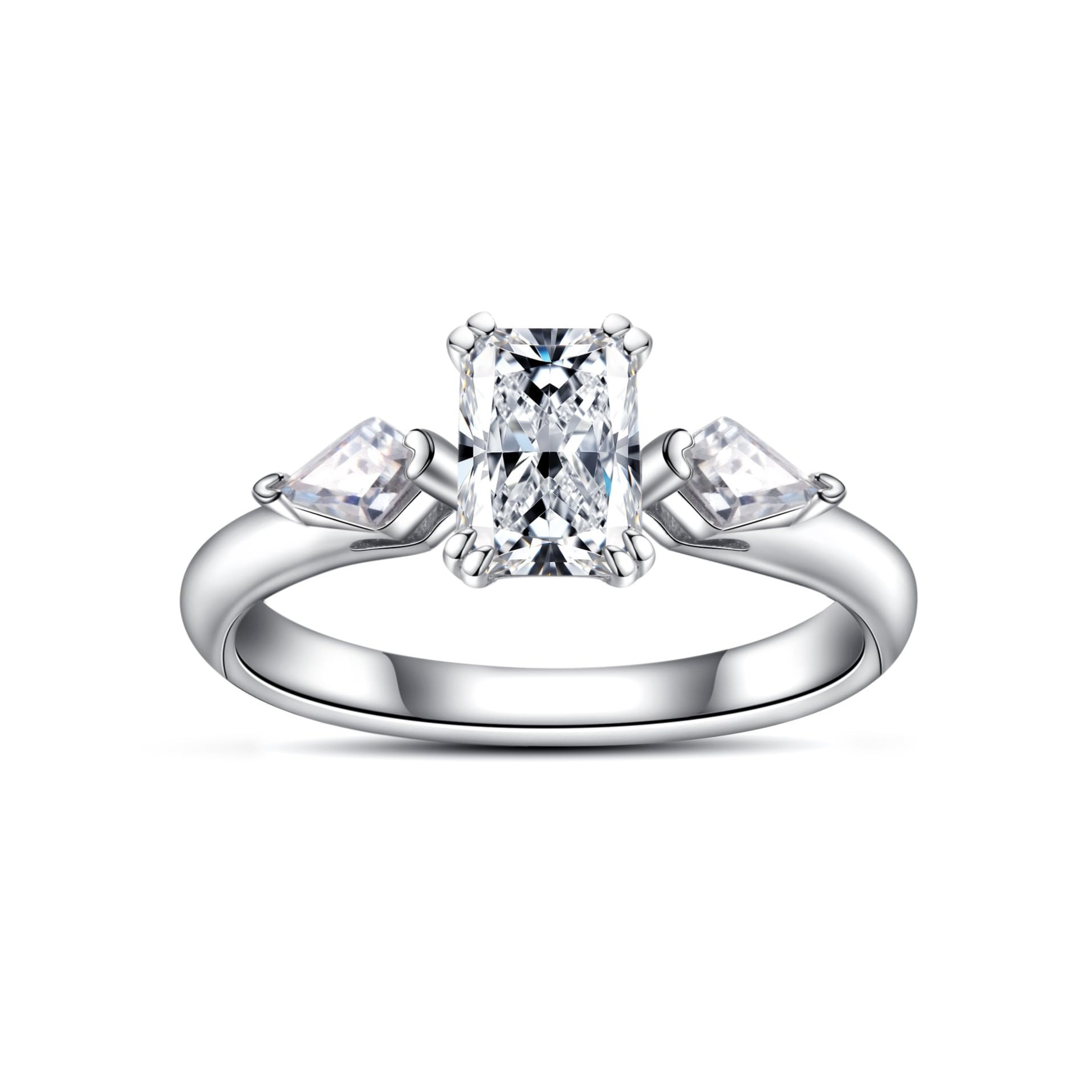 radiant cut diamond ring, three stone rings, radiant diamond ring, 1 carat emerald diamond ring, gold ring, 14k gold ring, white gold ring, rings, promise rings for her, anniversary ring, silver rings, sterling silver rings, valentines gift for her, birthday gift for her, lab grown diamonds