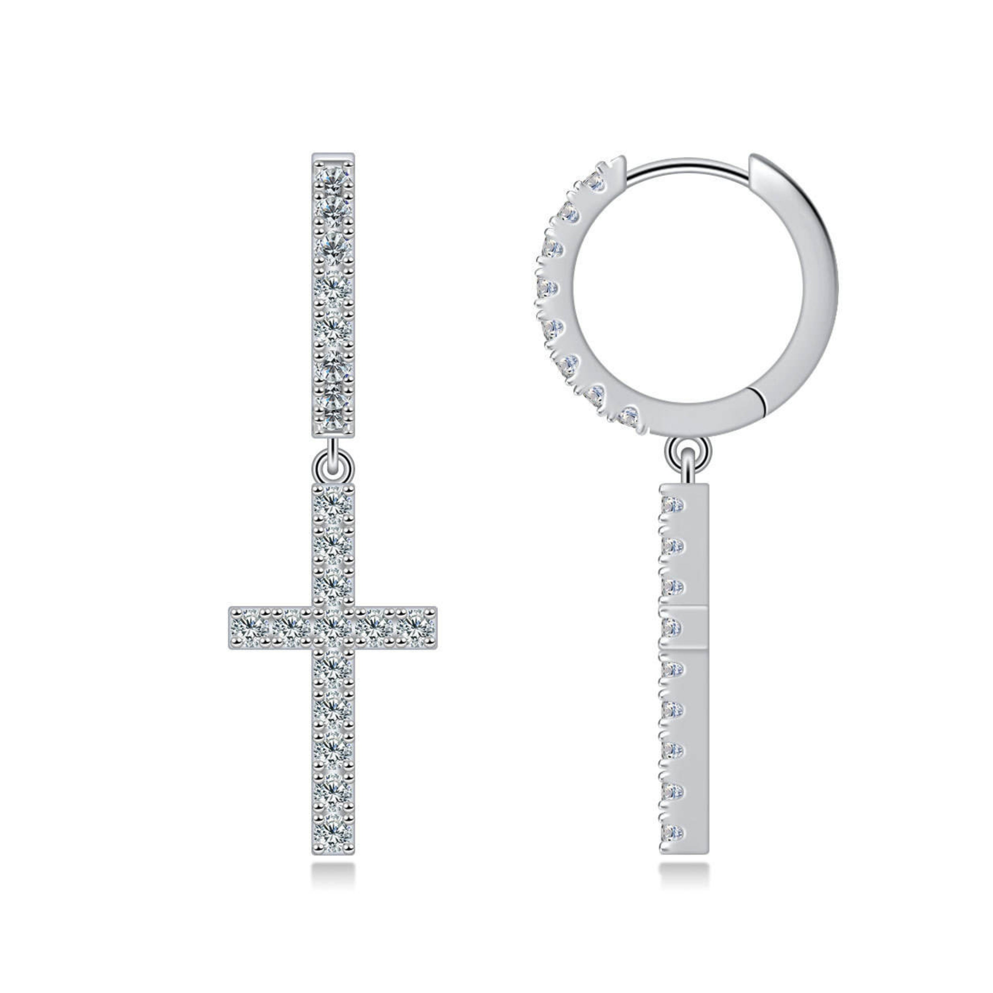 14K White Gold Plated Cross Pendant Hoop Earrings with Moissanite Diamond Accents