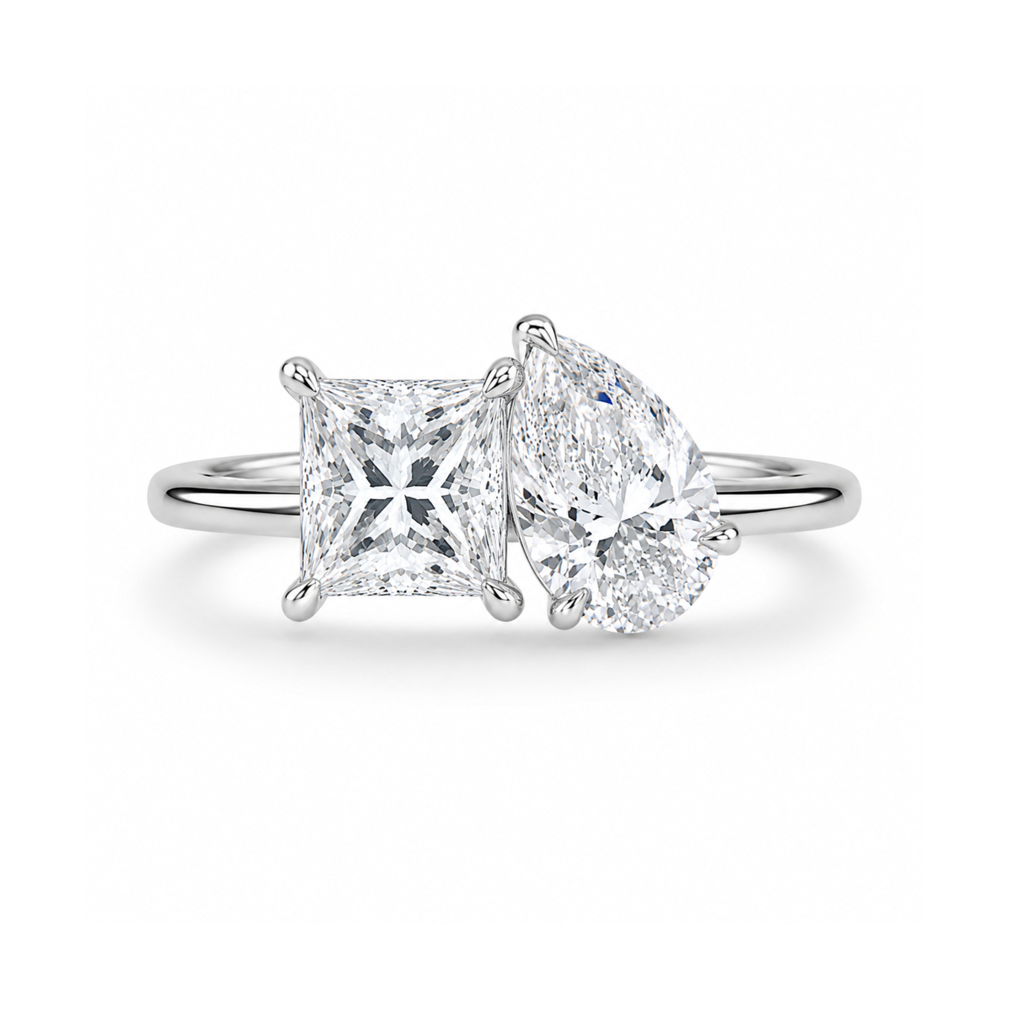 toi et moi ring, two stone ring, engagement rings, engagement rings for women, moissanite engagement rings, gold rings for women, 14k gold rings, white gold rings, lab grown diamond rings, diamond rings for women, diamond rings, valentines gift for her, birthday gift for her, moissanite rings, 925 silver rings, princess diamond ring, pear diamond ring