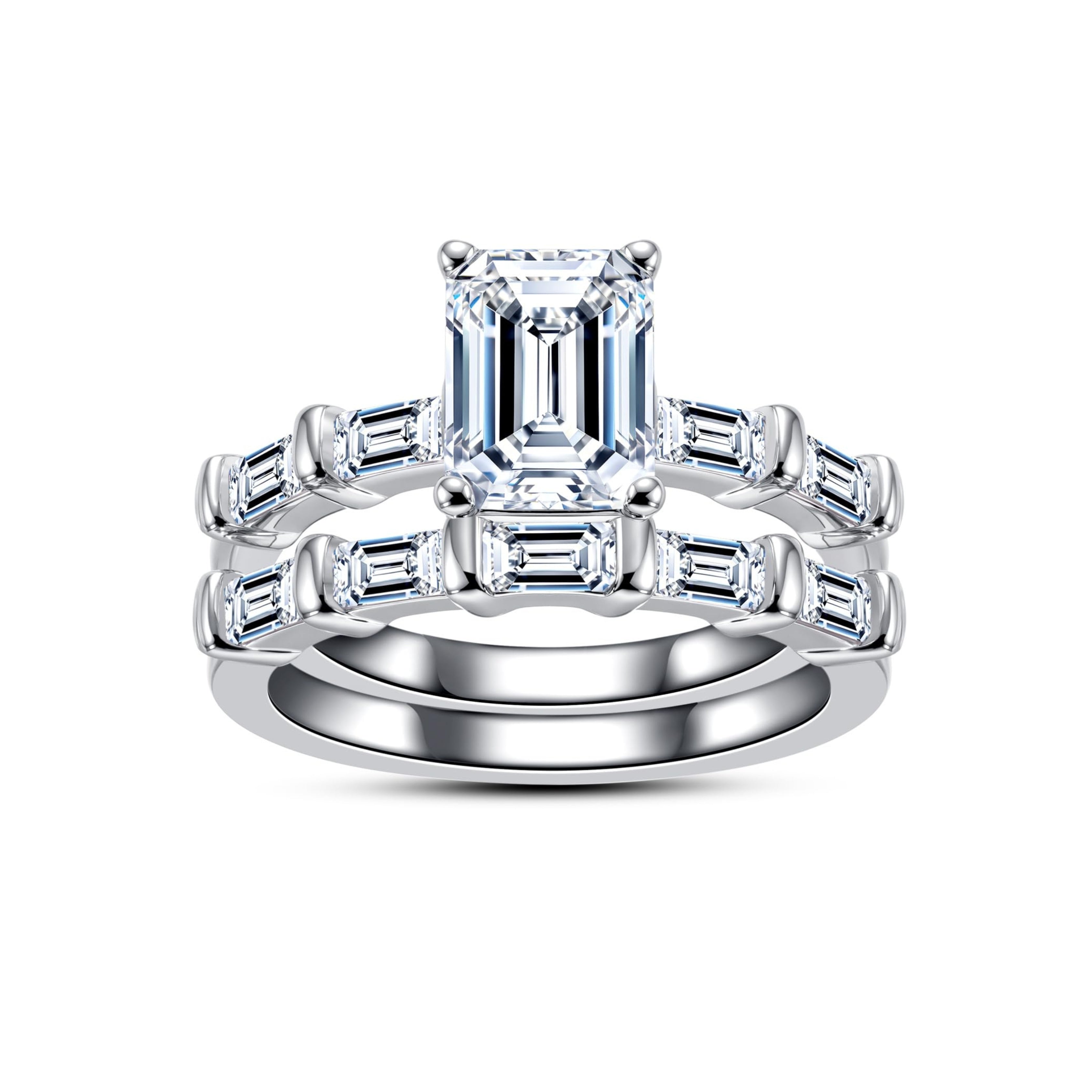 bridal ring set, emerald cut ring, wedding ring set, engagement and wedding ring set, solitaire rings, gold rings, emerald cut engagement ring, gold rings for women, 14k gold rings, white gold rings, lab grown diamond rings, diamond rings for women, diamond rings, valentines gift for her, birthday gift for her, moissanite rings