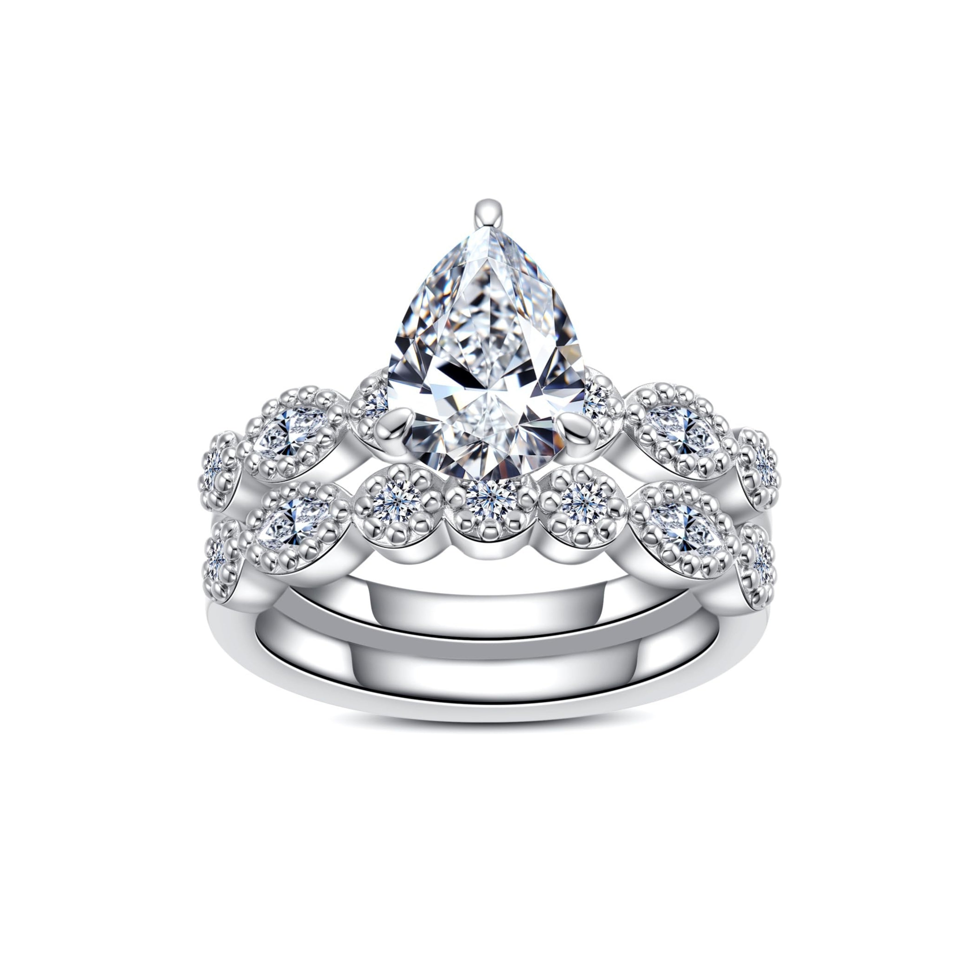 bridal ring set, pear cut ring, wedding ring set, engagement and wedding ring set, solitaire rings, gold rings, pear cut engagement ring, gold rings for women, 14k gold rings, white gold rings, lab grown diamond rings, diamond rings for women, diamond rings, valentines gift for her, birthday gift for her, moissanite rings