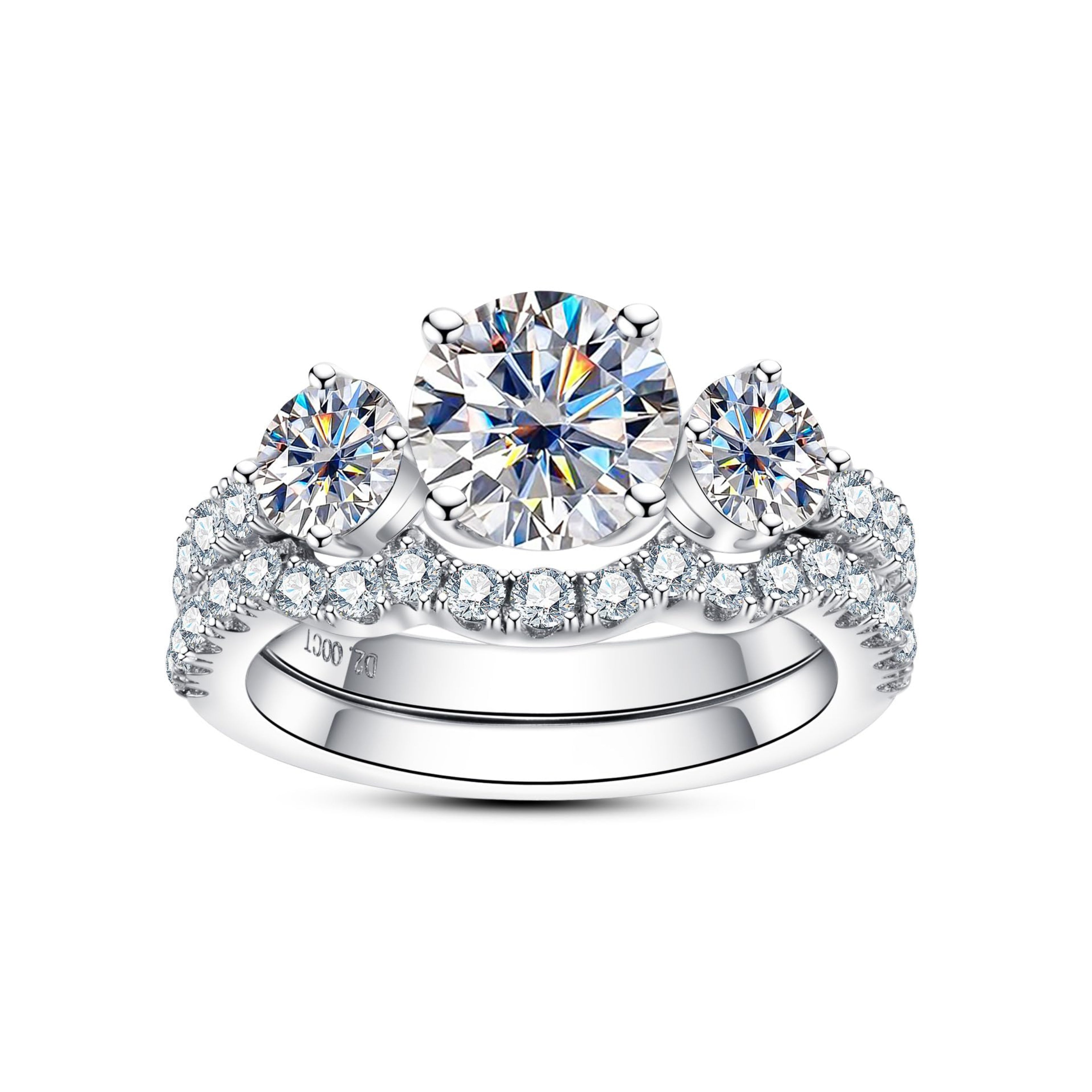 three stone engagement ring, bridal ring set, round cut diamond ring, wedding ring set, engagement and wedding ring set, solitaire rings, gold rings, round cut engagement ring, gold rings for women, 14k gold rings, white gold rings, lab grown diamond rings, diamond rings for women, diamond rings, valentines gift for her, birthday gift for her, moissanite rings, 925 silver rings