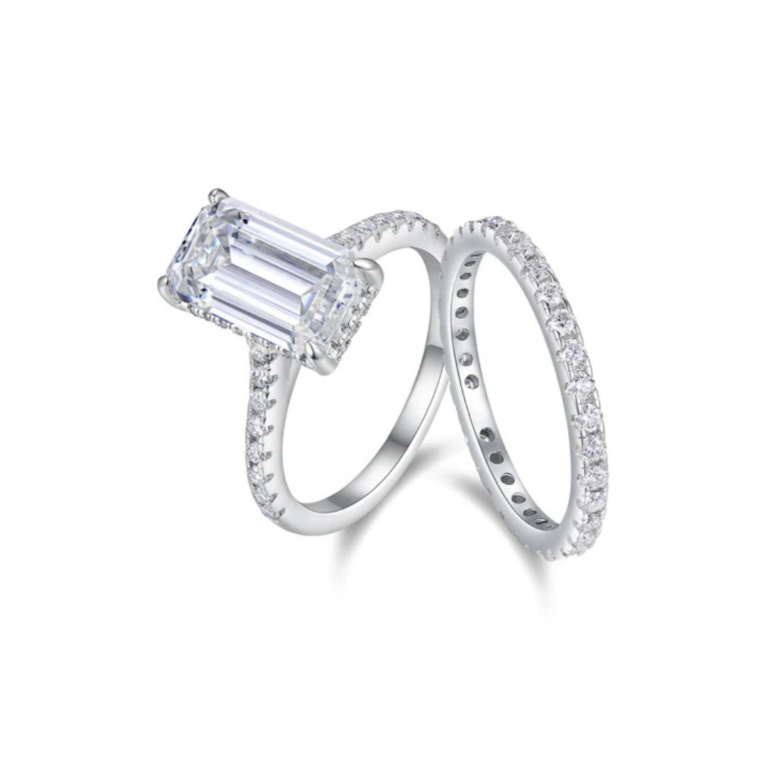 bridal ring set, emerald cut ring, wedding ring set, engagement and wedding ring set, solitaire rings, gold rings, emerald cut engagement ring, gold rings for women, 14k gold rings, white gold rings, lab grown diamond rings, diamond rings for women, diamond rings, valentines gift for her, birthday gift for her, moissanite rings