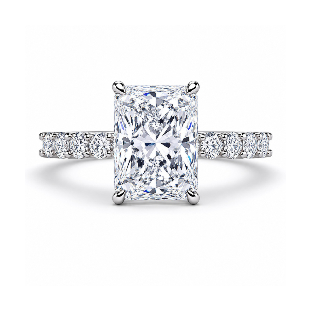 radiant cut moissanite ring white gold, pavé band engagement ring, white gold plated ring USA, lab grown diamond alternative, luxury engagement rings for women, moissanite jewelry India, modern bridal ring, statement ring for women
