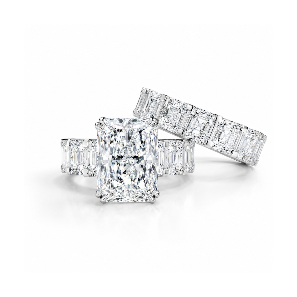 Radiant Cut Moissanite 14K White Gold Plated Unique Wedding Ring Set for Women