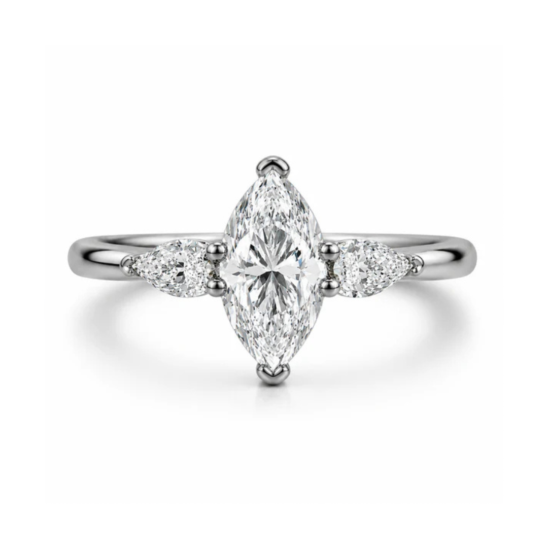 marquise cut diamond ring, three stone rings, pear diamond ring, 1 carat marquise diamond ring, gold ring, 14k gold ring, white gold ring, rings, promise rings for her, anniversary ring, silver rings, sterling silver rings, valentines gift for her, birthday gift for her, lab grown diamonds