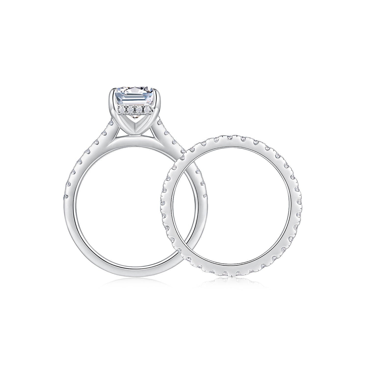 bridal ring set, emerald cut ring, wedding ring set, engagement and wedding ring set, solitaire rings, gold rings, emerald cut engagement ring, gold rings for women, 14k gold rings, white gold rings, lab grown diamond rings, diamond rings for women, diamond rings, valentines gift for her, birthday gift for her, moissanite rings