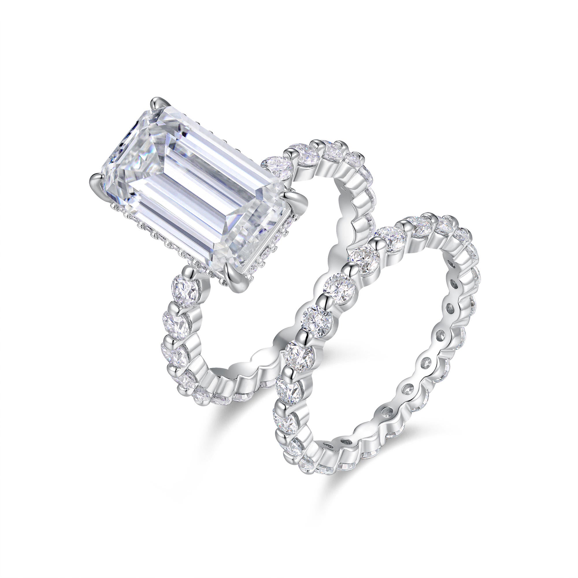 bridal ring set, emerald cut ring, wedding ring set, engagement and wedding ring set, solitaire rings, gold rings, emerald cut engagement ring, gold rings for women, 14k gold rings, white gold rings, lab grown diamond rings, diamond rings for women, diamond rings, valentines gift for her, birthday gift for her, moissanite rings