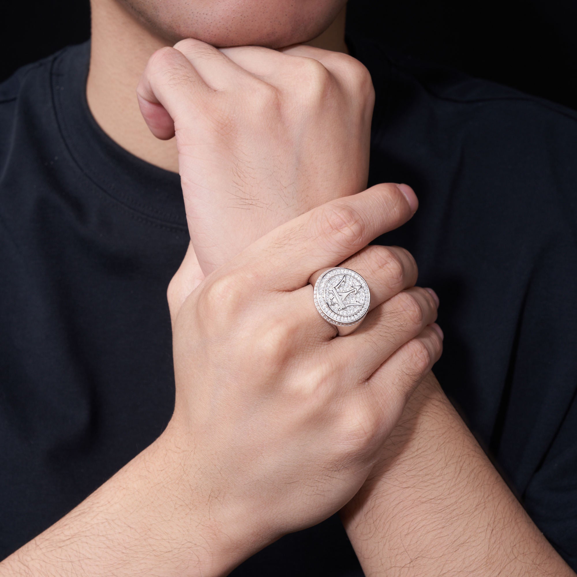 Trident Logo Round Cut Moissanite Statement Ring For Men | 925 Sterling Silver