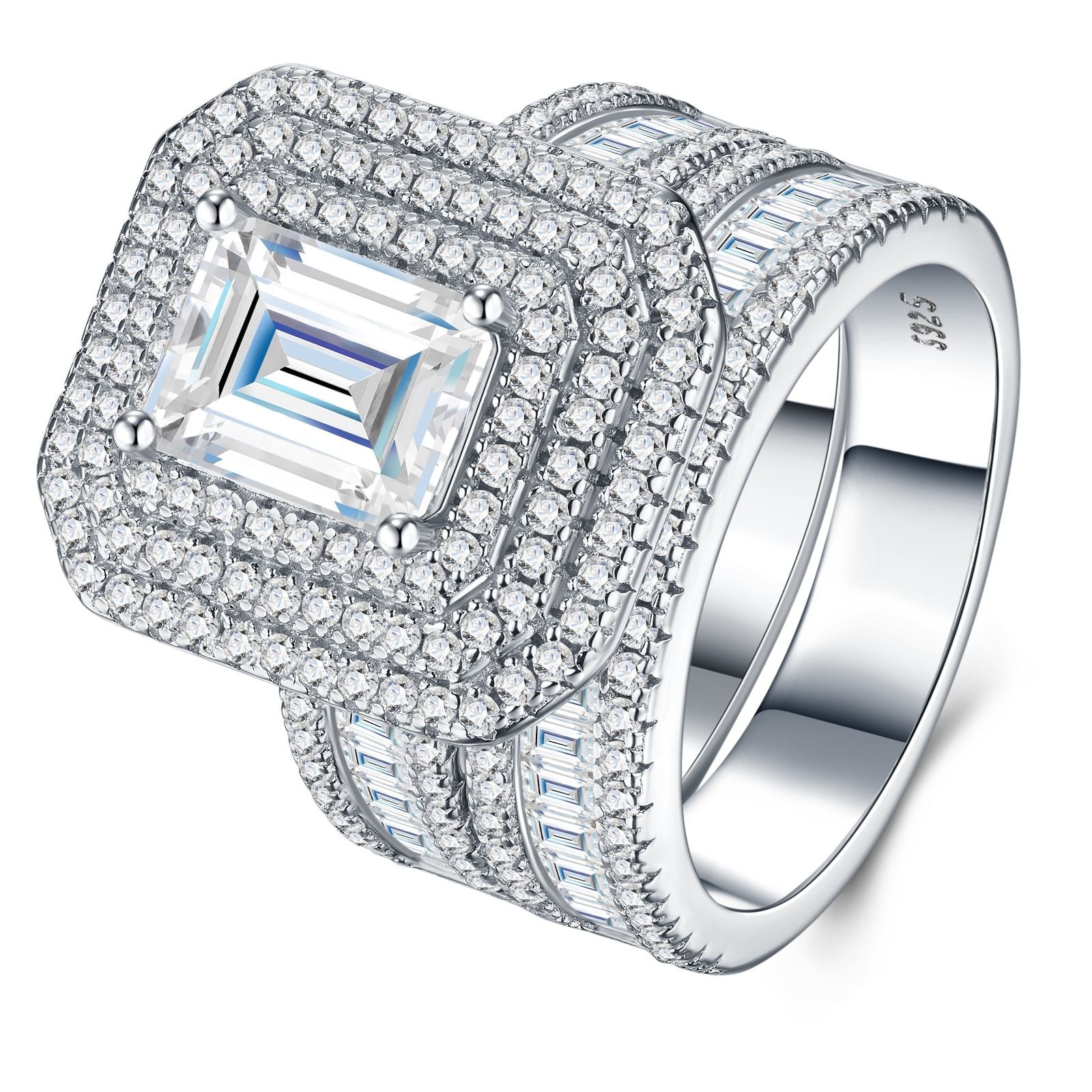 wedding ring set, ring set, engagement ring set, emerald diamond ring, 3 carat diamond ring, diamond ring, emerald cut diamond ring, silver rings, sterling silver rings, silver rings for women, 925 sterling silver rings, gold rings, gold rings for women, valentines gift for her, birthday gift for her