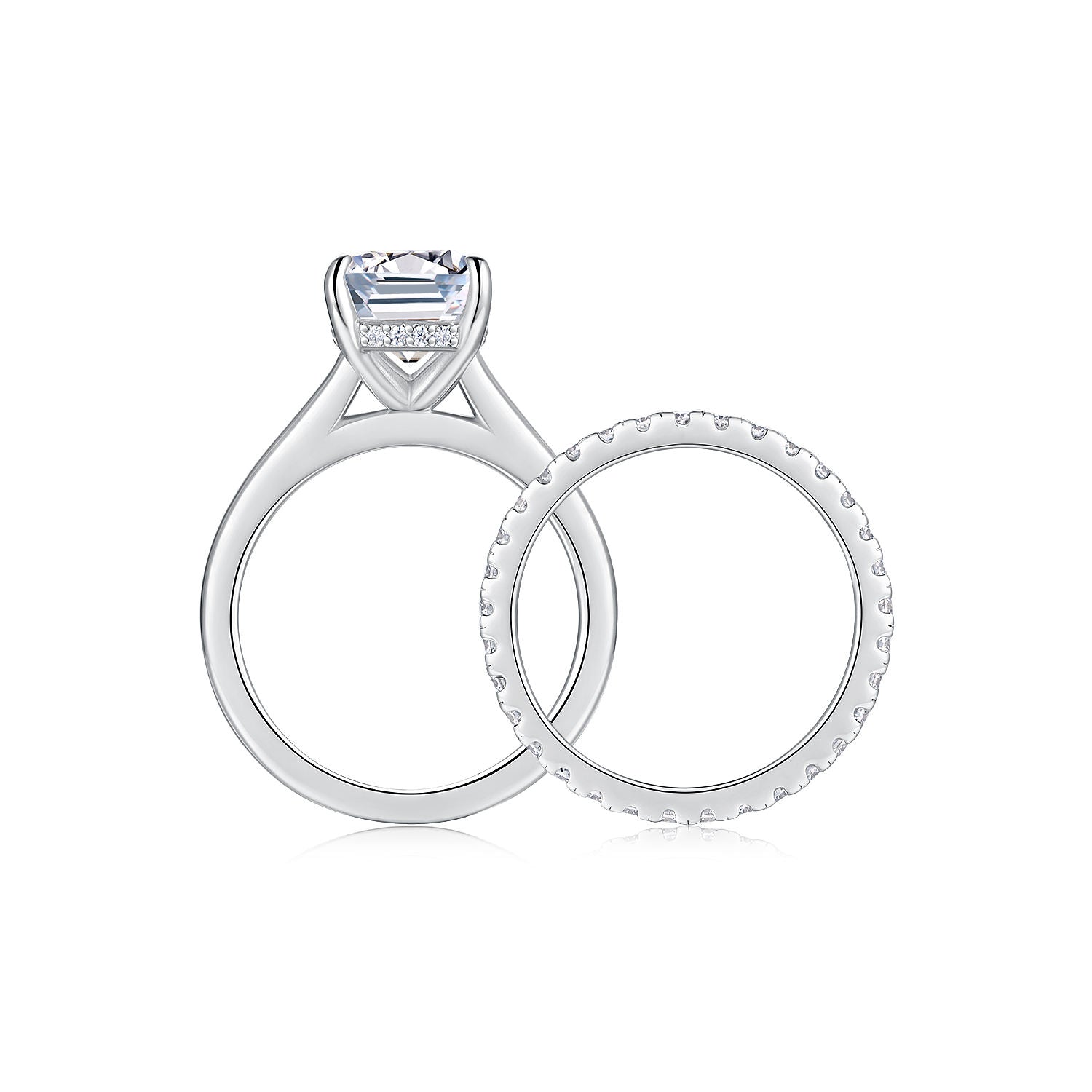 bridal ring set, emerald cut ring, wedding ring set, engagement and wedding ring set, solitaire rings, gold rings, emerald cut engagement ring, gold rings for women, 14k gold rings, white gold rings, lab grown diamond rings, diamond rings for women, diamond rings, valentines gift for her, birthday gift for her, moissanite rings