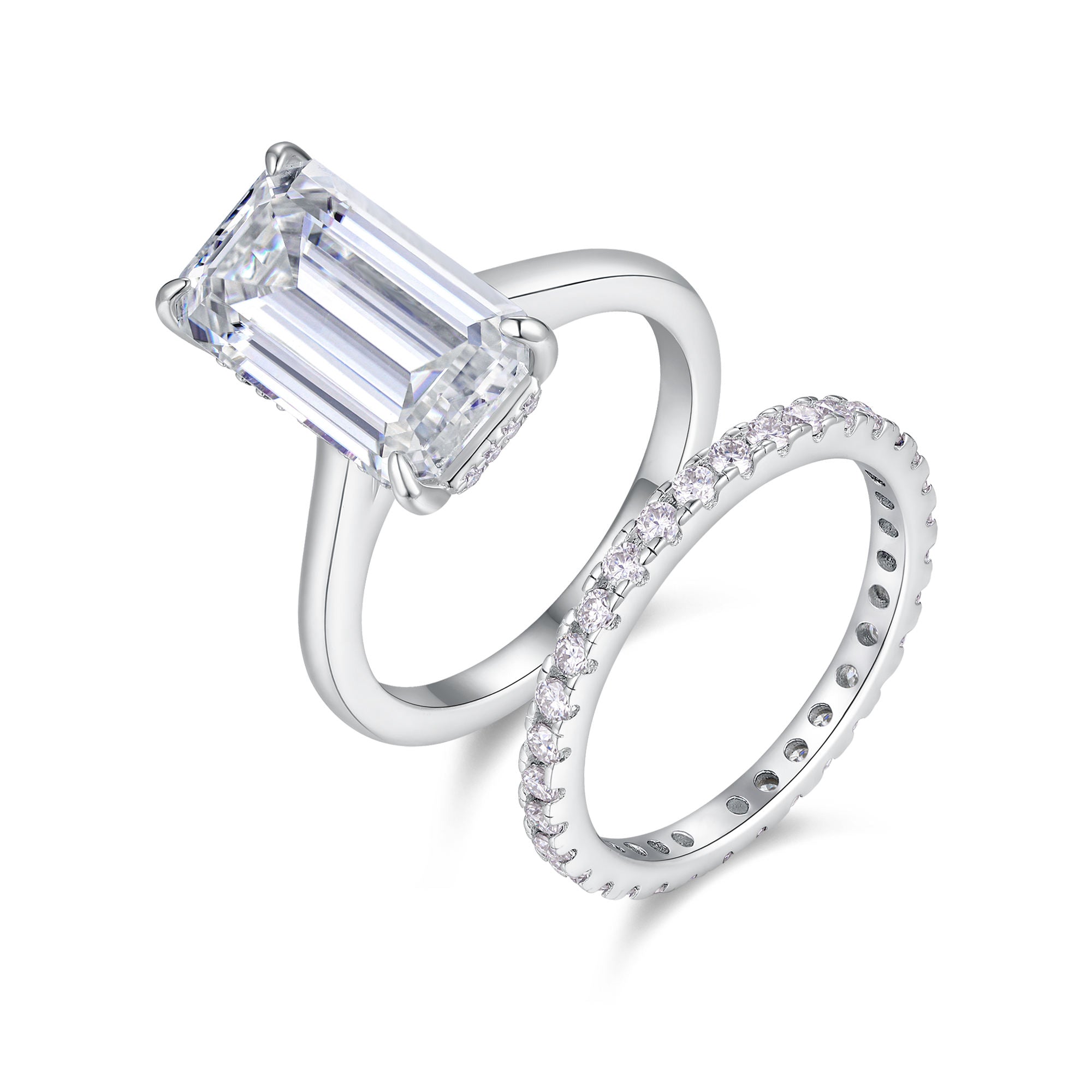 bridal ring set, emerald cut ring, wedding ring set, engagement and wedding ring set, solitaire rings, gold rings, emerald cut engagement ring, gold rings for women, 14k gold rings, white gold rings, lab grown diamond rings, diamond rings for women, diamond rings, valentines gift for her, birthday gift for her, moissanite rings