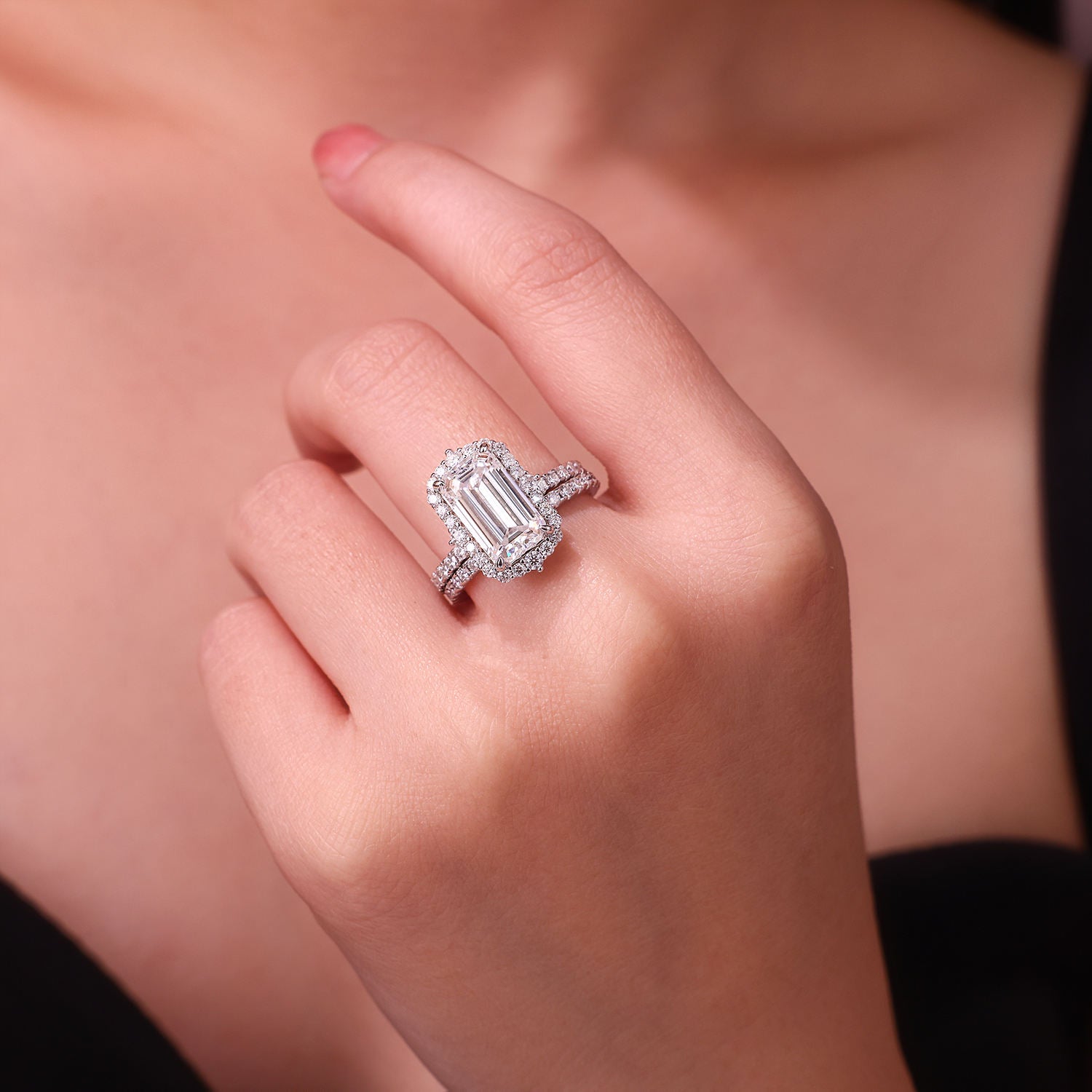 bridal ring set, emerald cut ring, wedding ring set, engagement and wedding ring set, solitaire rings, gold rings, emerald cut engagement ring, gold rings for women, 14k gold rings, white gold rings, lab grown diamond rings, diamond rings for women, diamond rings, valentines gift for her, birthday gift for her, moissanite rings