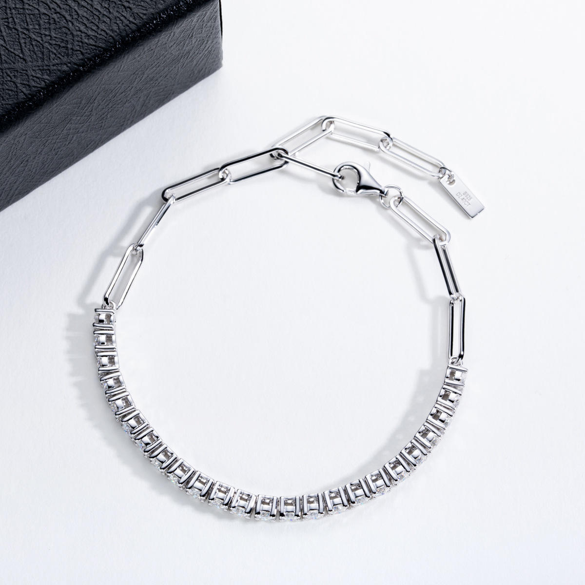 Half Tennis Paperclip Link D-VVS Round Cut Moissanite White Gold Plated Bracelet For Women