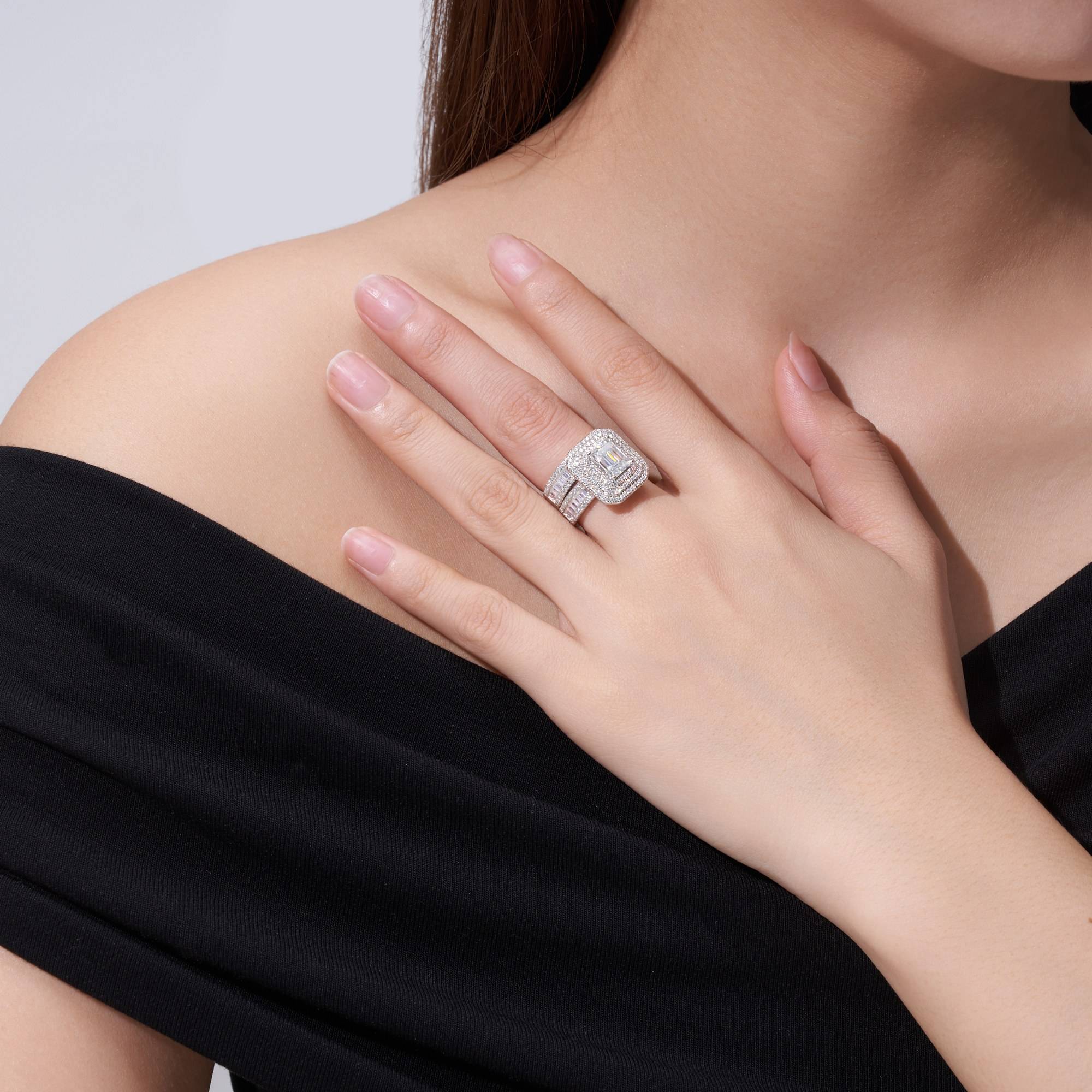 wedding ring set, ring set, engagement ring set, emerald diamond ring, 3 carat diamond ring, diamond ring, emerald cut diamond ring, silver rings, sterling silver rings, silver rings for women, 925 sterling silver rings, gold rings, gold rings for women, valentines gift for her, birthday gift for her