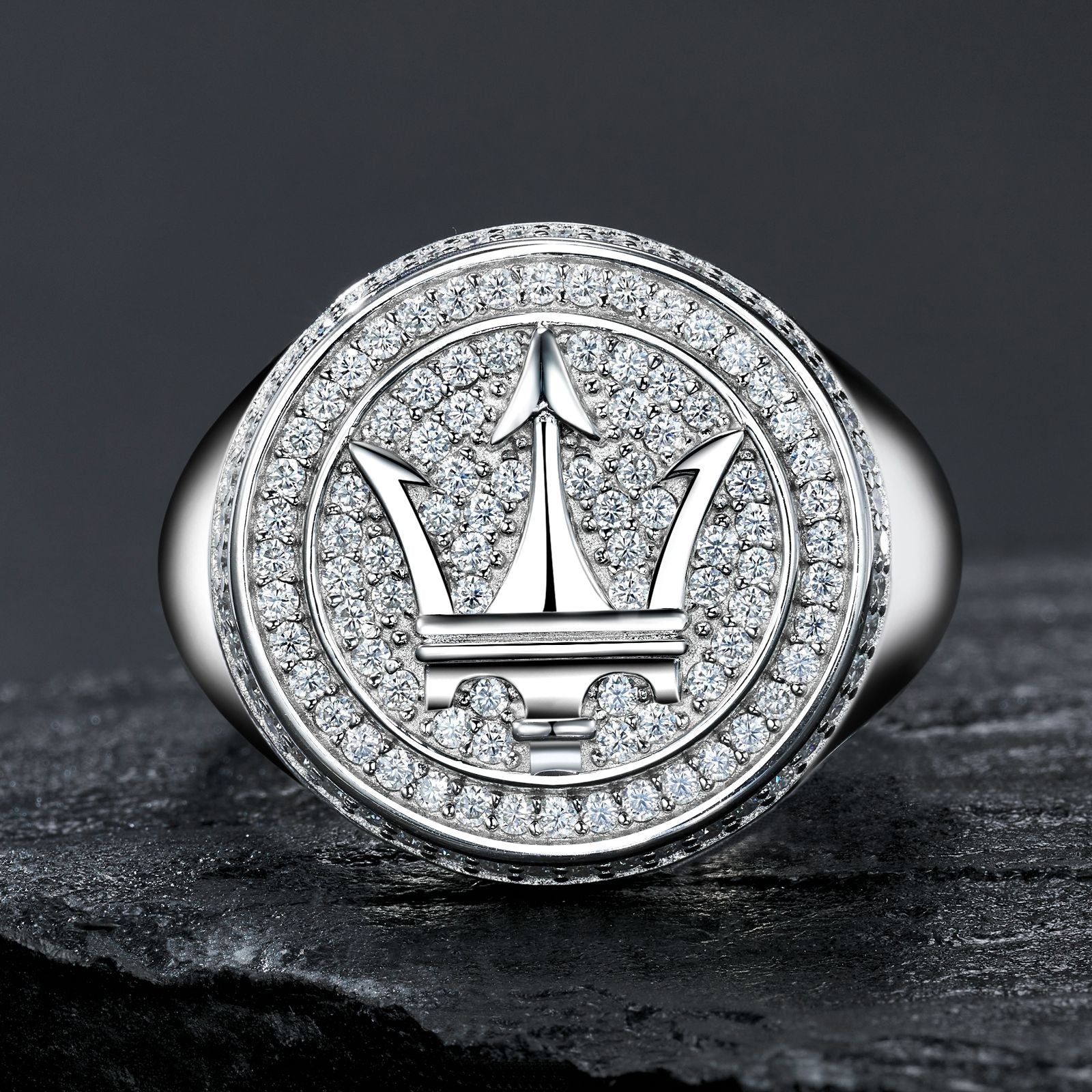 Trident Logo Round Cut Moissanite Statement Ring For Men | 925 Sterling Silver