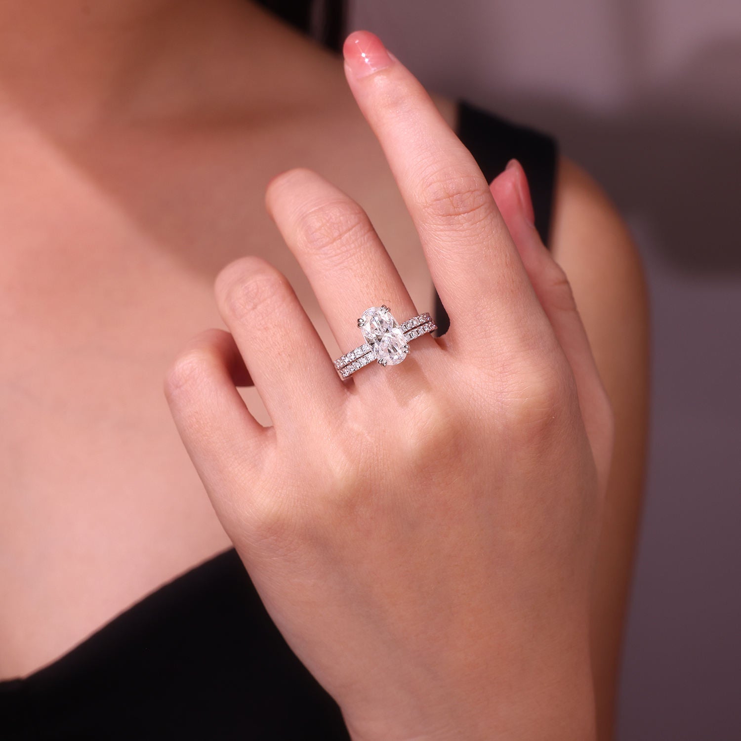 bridal ring set, oval cut ring, wedding ring set, engagement and wedding ring set, solitaire rings, gold rings, oval cut engagement ring, gold rings for women, 14k gold rings, white gold rings, lab grown diamond rings, diamond rings for women, diamond rings, valentines gift for her, birthday gift for her, moissanite rings