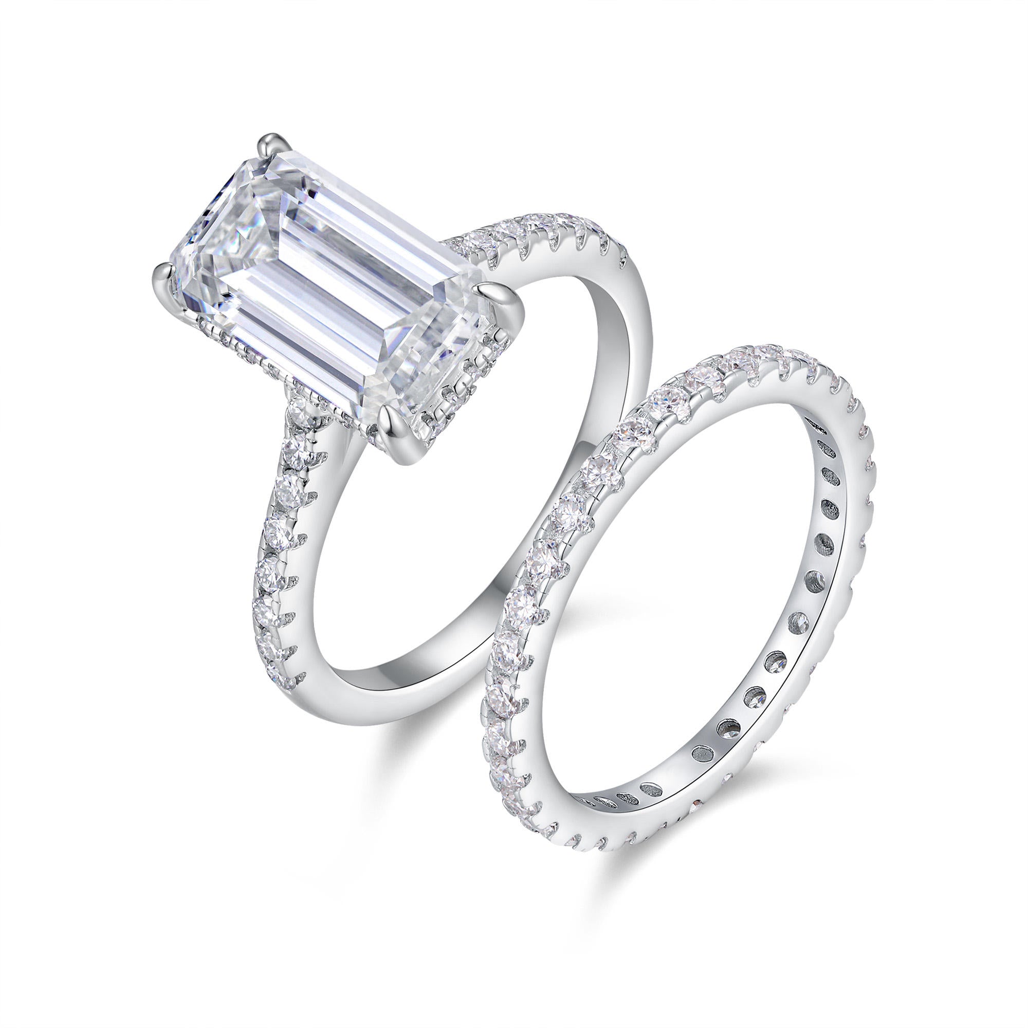 bridal ring set, emerald cut ring, wedding ring set, engagement and wedding ring set, solitaire rings, gold rings, emerald cut engagement ring, gold rings for women, 14k gold rings, white gold rings, lab grown diamond rings, diamond rings for women, diamond rings, valentines gift for her, birthday gift for her, moissanite rings