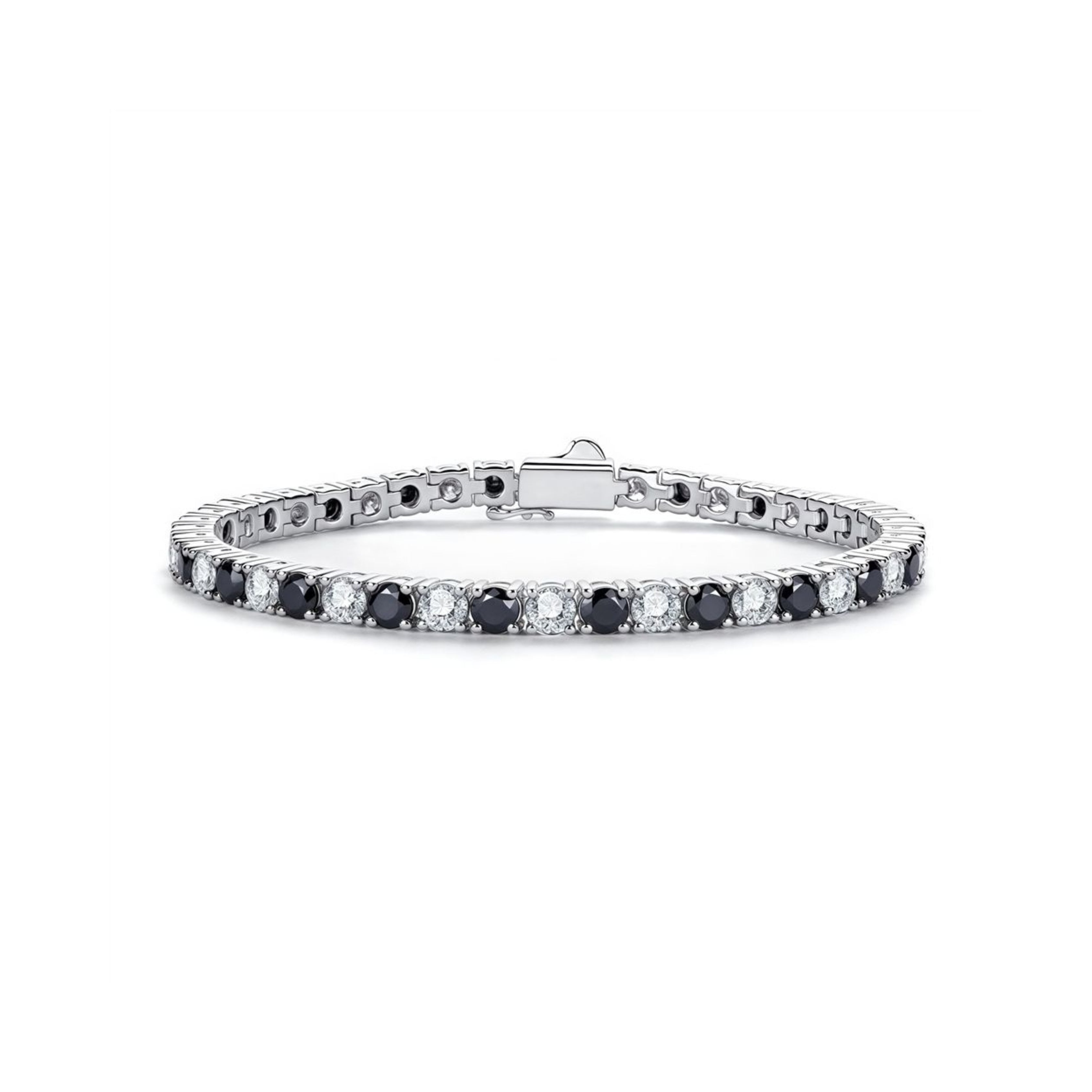 4.0 MM Black and White Round Cut Moissanite Alternating White Gold Plated Tennis Bracelet