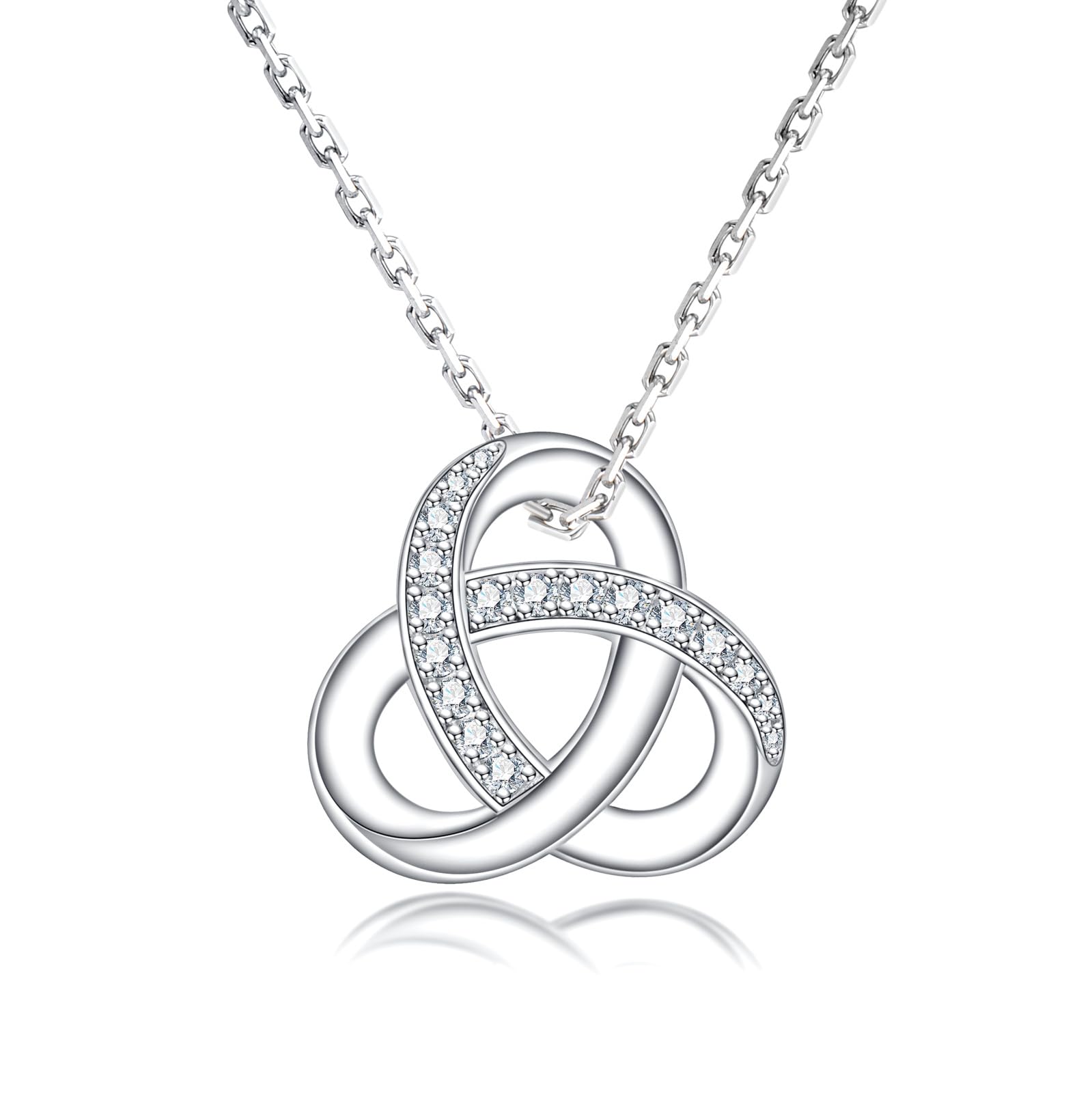 trinity knot necklace, celtic knot pendant, infinity knot necklace women, silver necklace USA, white gold plated jewelry, moissanite pendant necklace, meaningful jewelry gift for her, elegant minimalist necklace