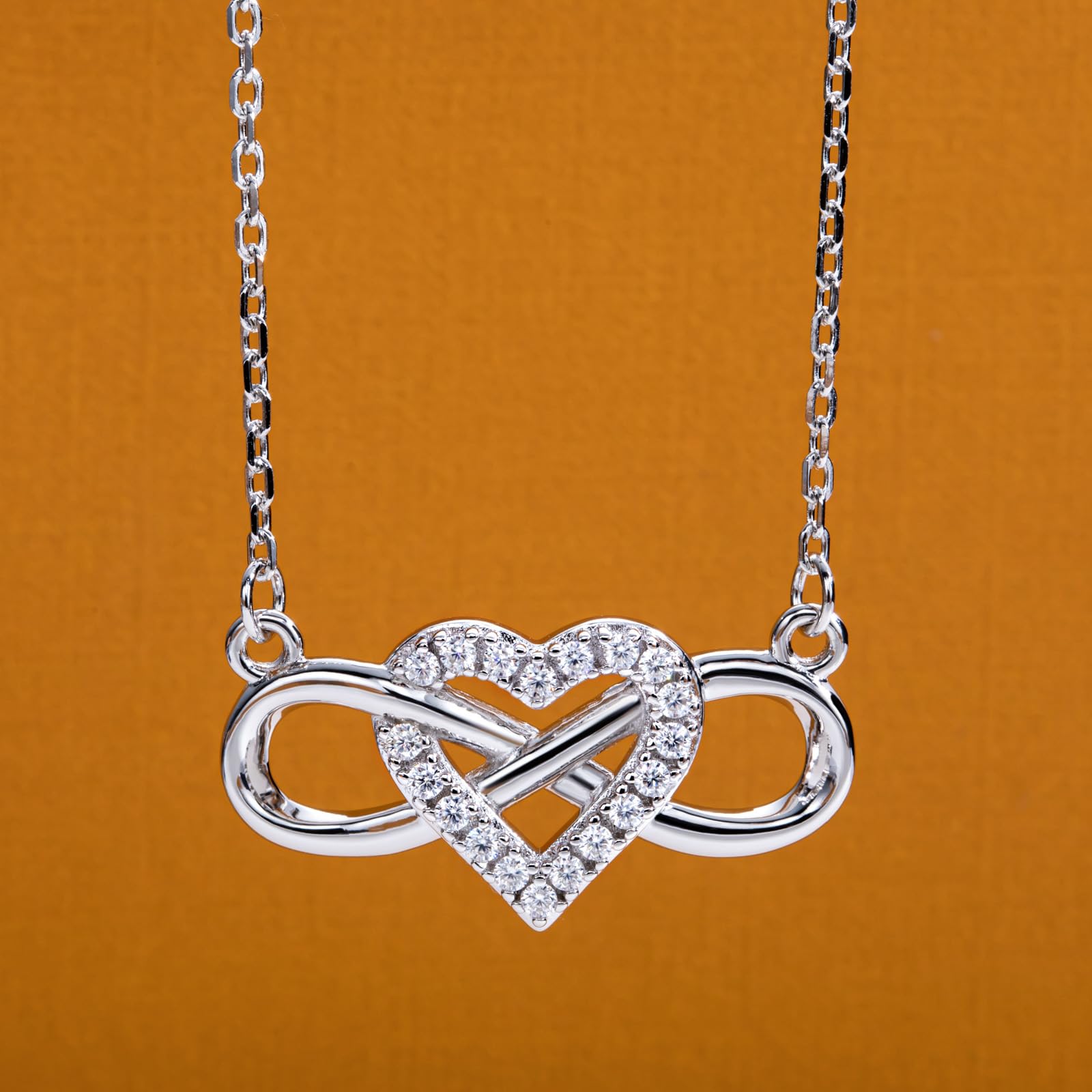 Round Cut Moissanite White Gold Plated Infinity Heart Moissanite Pendant Necklace for Women