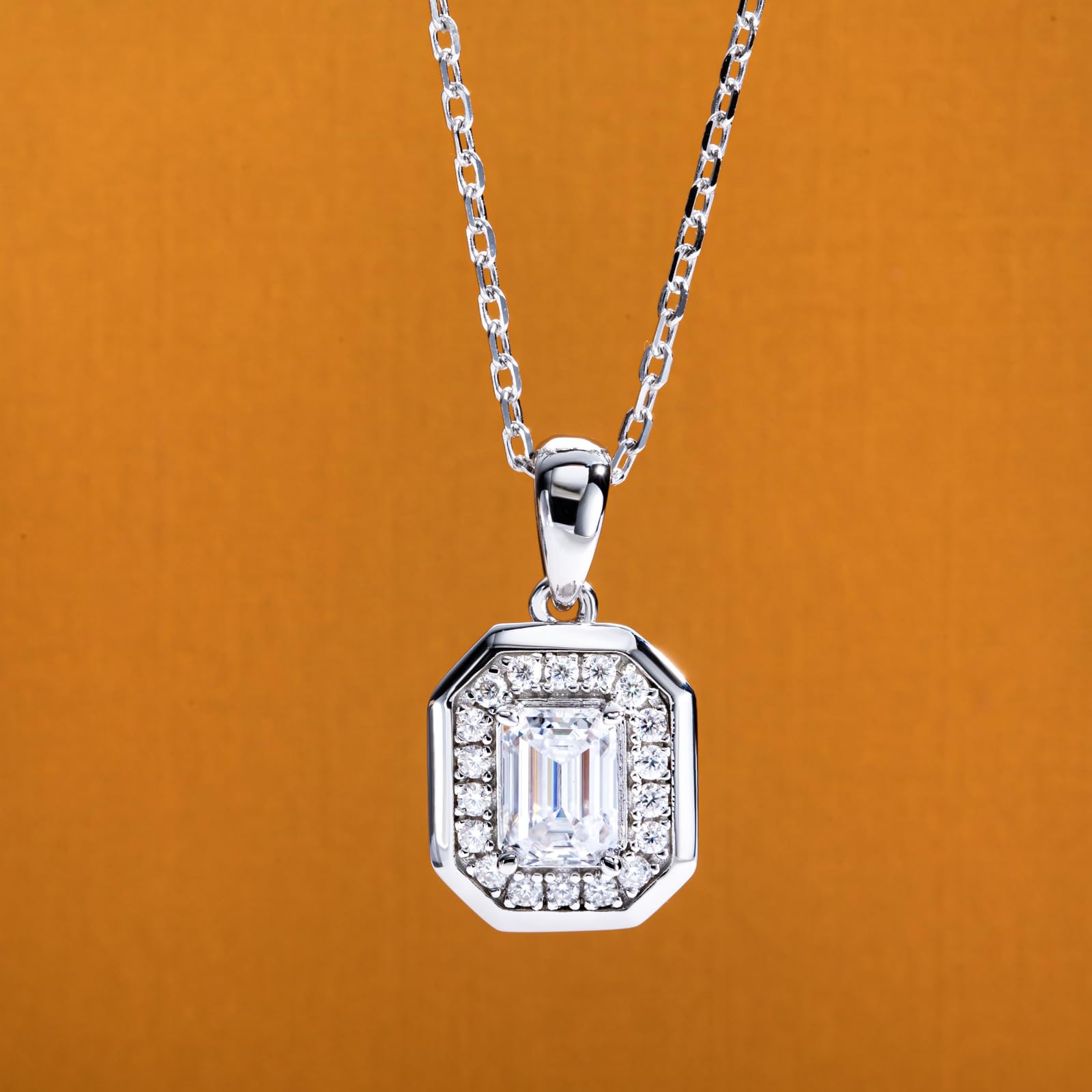 emerald cut diamond pendant, halo pendant necklace, sterling silver necklace women, white gold pendant necklace, moissanite emerald cut necklace, cz halo pendant, elegant jewelry gift, minimalist pendant necklace, luxury silver necklace, gift for her jewelry, geometric pendant necklace, moissanite jewelry USA