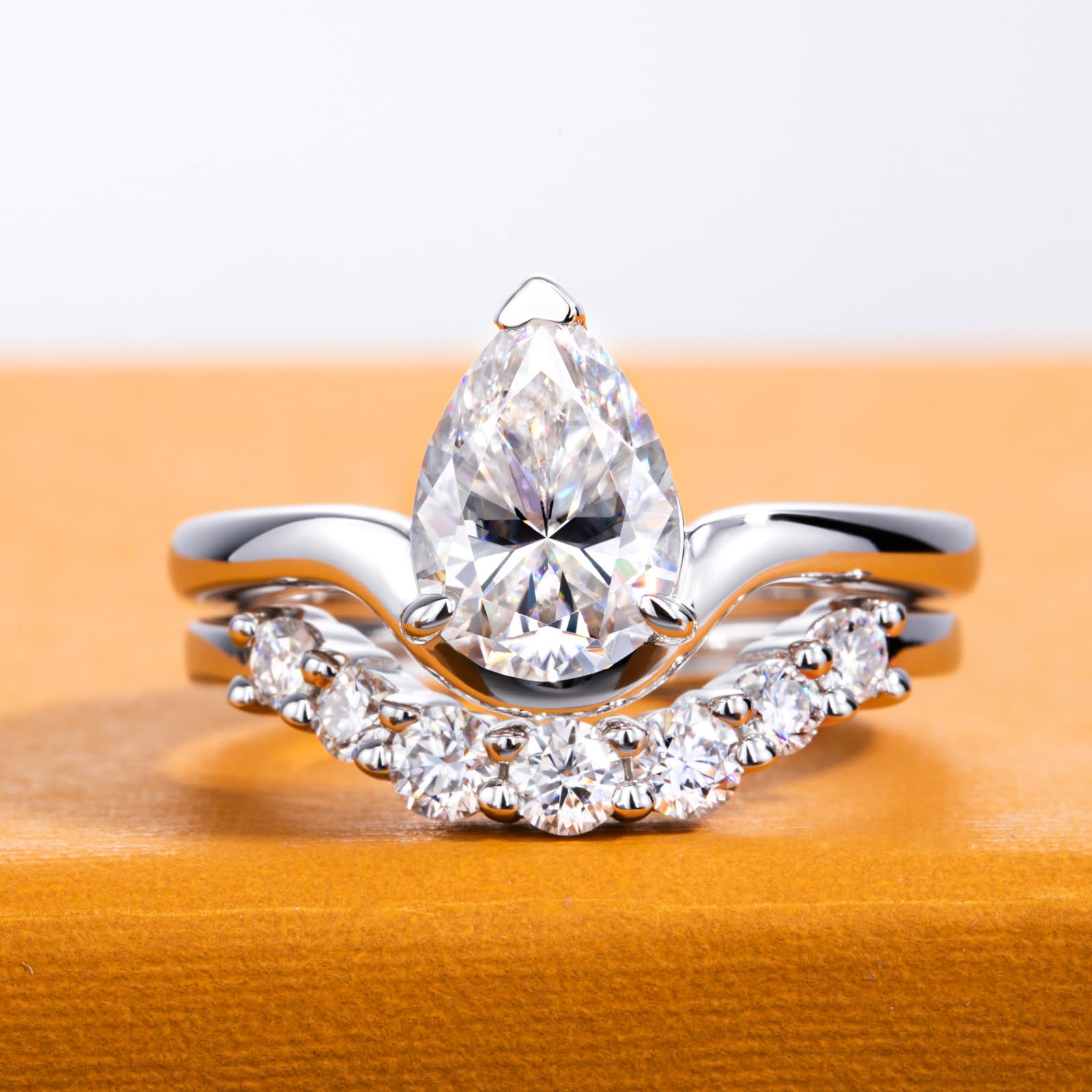bridal ring set, pear cut ring, wedding ring set, engagement and wedding ring set, solitaire rings, gold rings, pear cut engagement ring, gold rings for women, 14k gold rings, white gold rings, lab grown diamond rings, diamond rings for women, diamond rings, valentines gift for her, birthday gift for her, moissanite rings