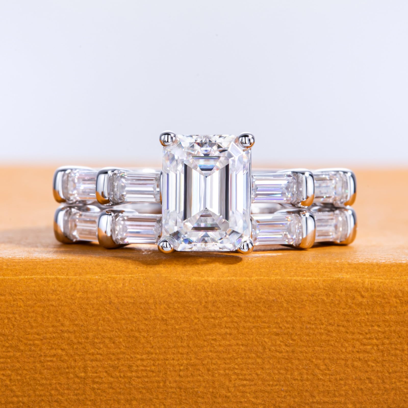 bridal ring set, emerald cut ring, wedding ring set, engagement and wedding ring set, solitaire rings, gold rings, emerald cut engagement ring, gold rings for women, 14k gold rings, white gold rings, lab grown diamond rings, diamond rings for women, diamond rings, valentines gift for her, birthday gift for her, moissanite rings