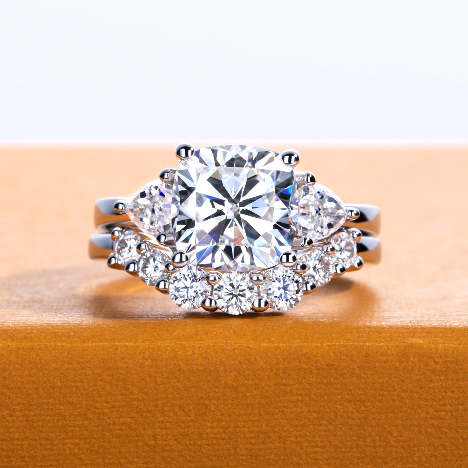 bridal ring set, three stone ring, cushion cut ring, wedding ring set, engagement and wedding ring set, solitaire rings, gold rings, cushion cut engagement ring, gold rings for women, 14k gold rings, white gold rings, lab grown diamond rings, diamond rings for women, diamond rings, valentines gift for her, birthday gift for her, moissanite rings