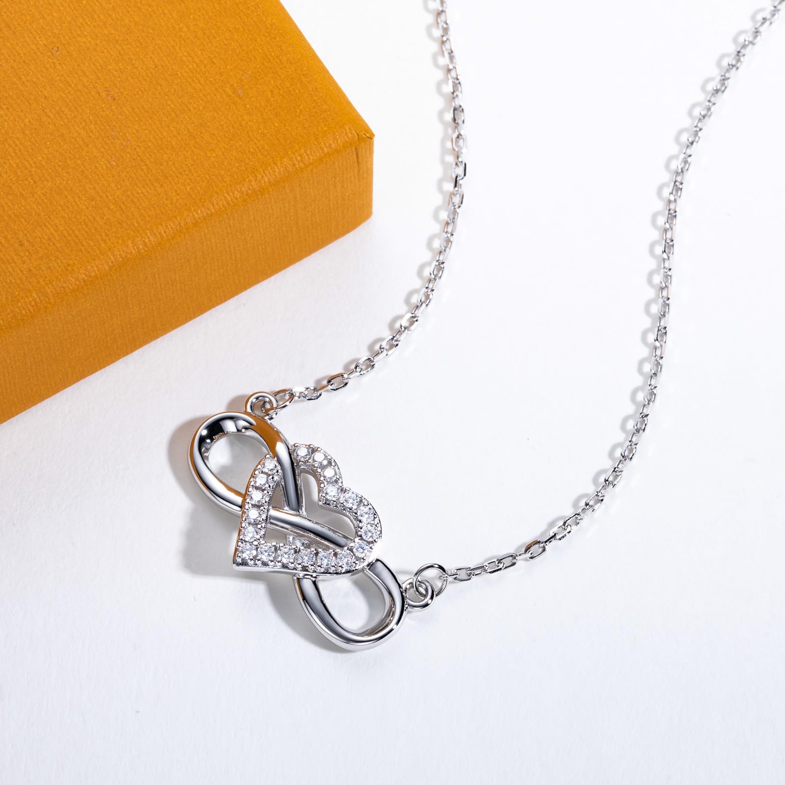 Round Cut Moissanite White Gold Plated Infinity Heart Moissanite Pendant Necklace for Women