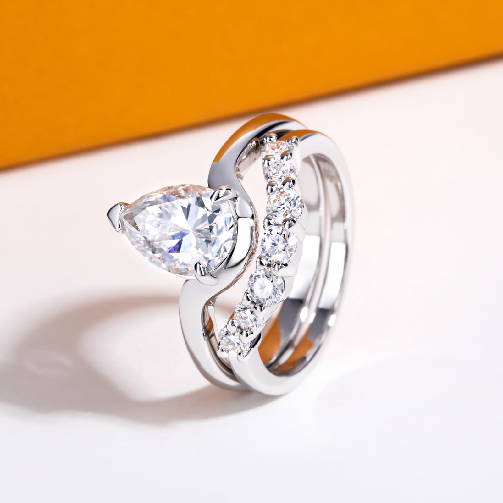 bridal ring set, pear cut ring, wedding ring set, engagement and wedding ring set, solitaire rings, gold rings, pear cut engagement ring, gold rings for women, 14k gold rings, white gold rings, lab grown diamond rings, diamond rings for women, diamond rings, valentines gift for her, birthday gift for her, moissanite rings
