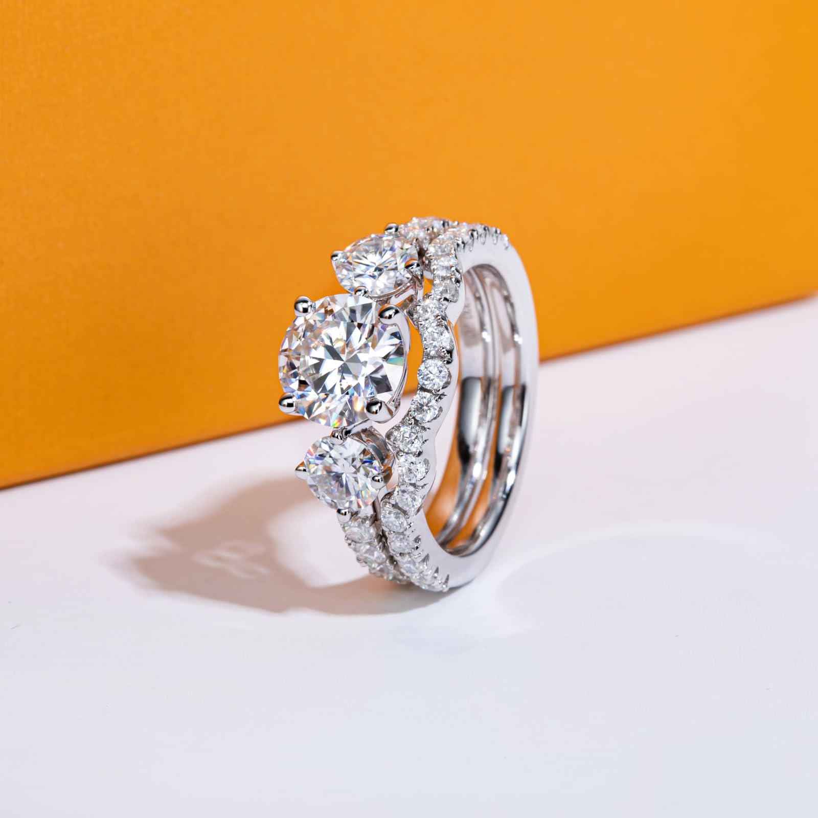 three stone engagement ring, bridal ring set, round cut diamond ring, wedding ring set, engagement and wedding ring set, solitaire rings, gold rings, round cut engagement ring, gold rings for women, 14k gold rings, white gold rings, lab grown diamond rings, diamond rings for women, diamond rings, valentines gift for her, birthday gift for her, moissanite rings, 925 silver rings